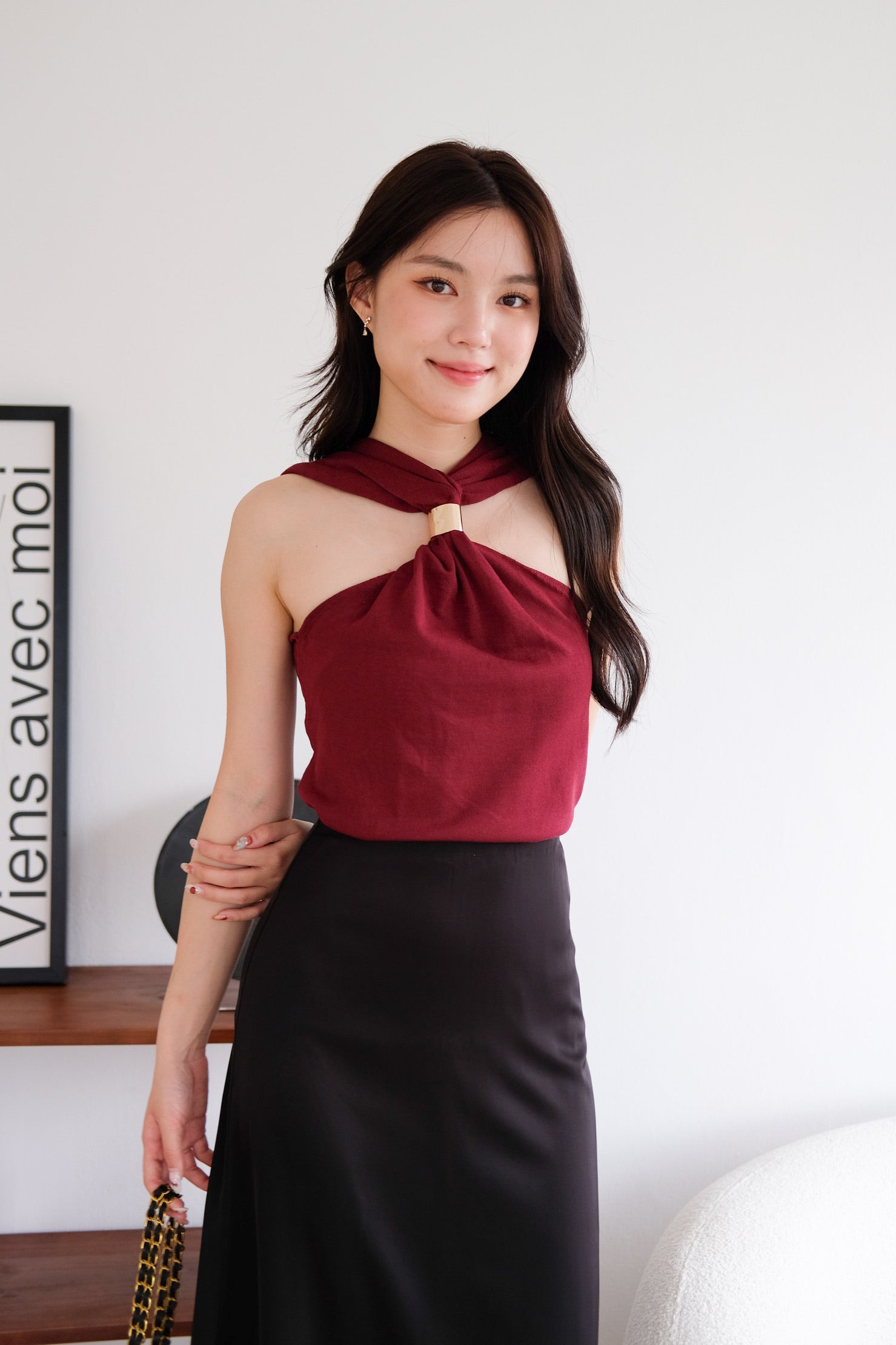 Suezette Halter Gold Ornament Knit Top (Maroon)