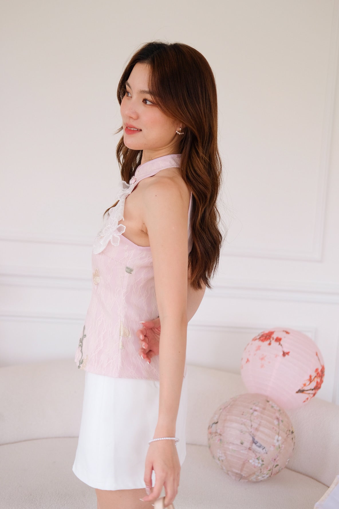 檀宁 Tan Ning Floral Lace Halter Top (Light Pink)