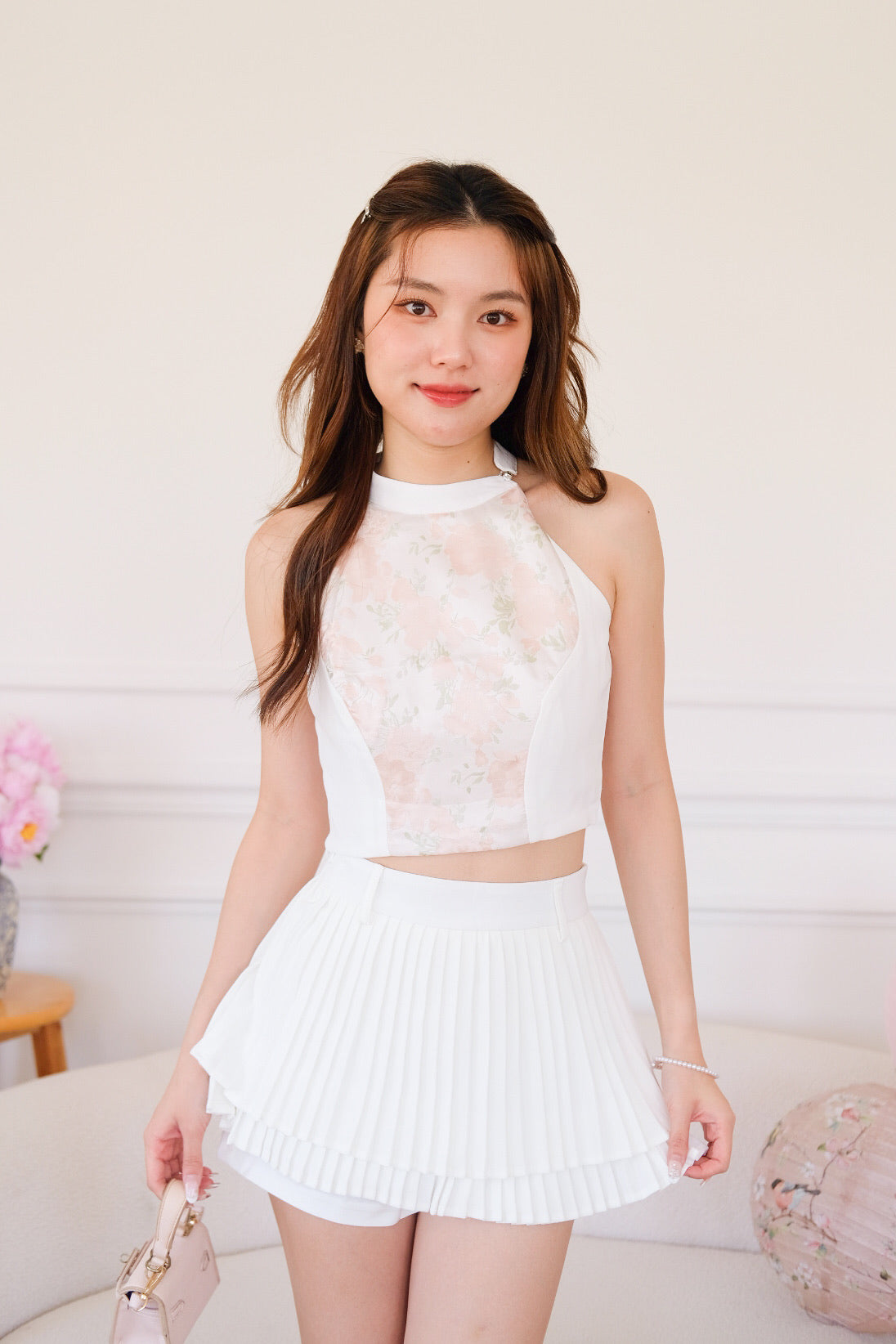 Ophelia Floral Pleated Set (White)