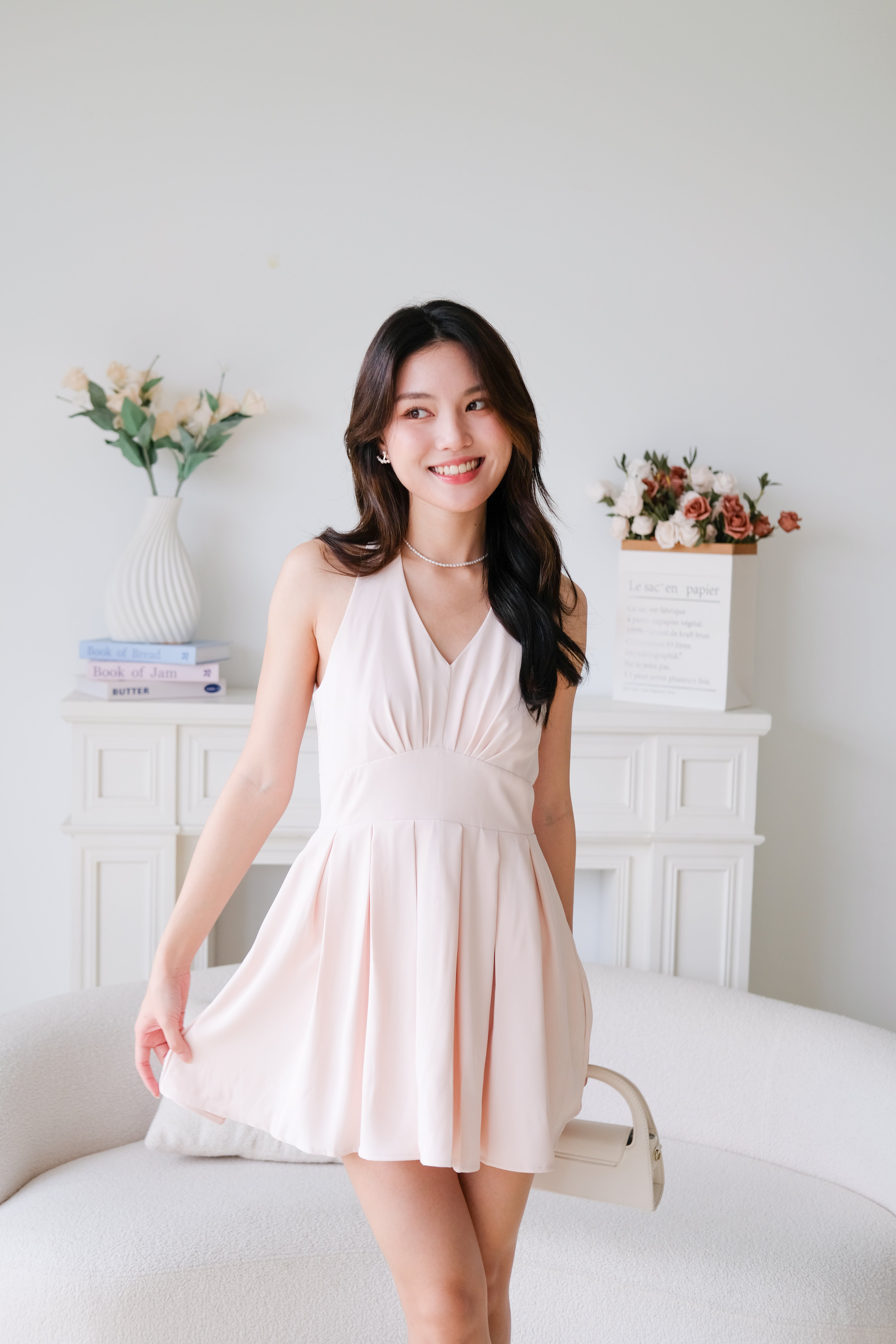 Moon Halter Pleat Dress (Baby Pink)