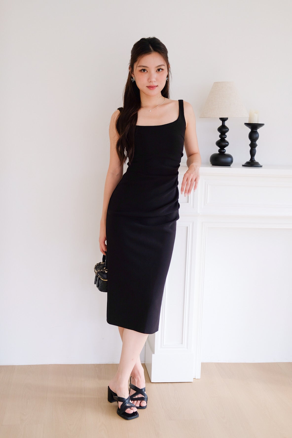 Claude Ruched Slim Fit Midi Dress (Black)