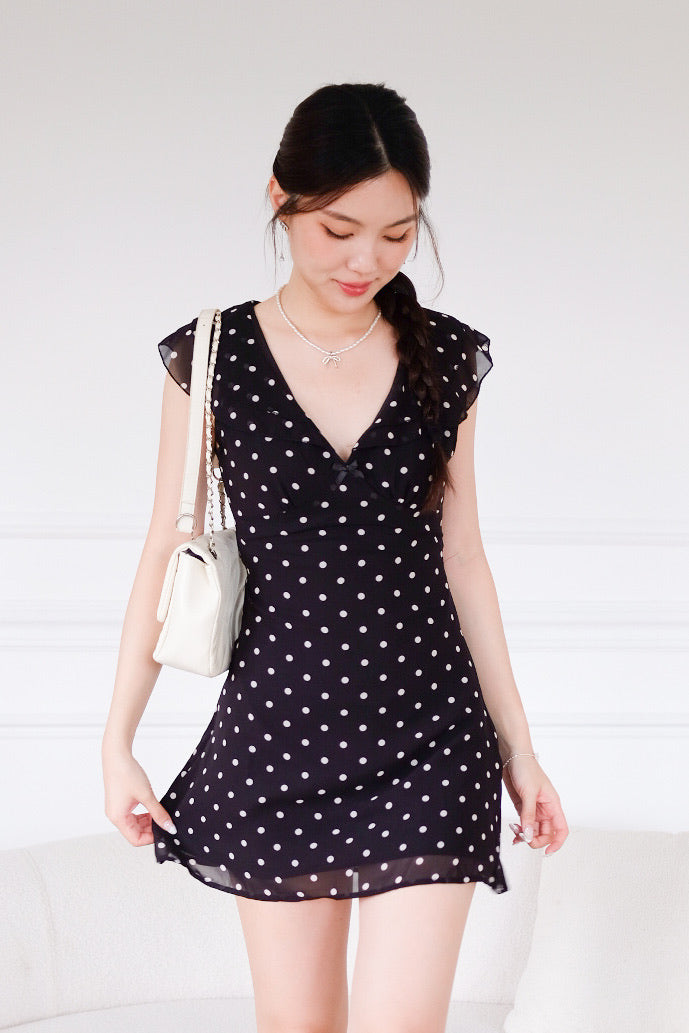Viola V Neck Polka Dot Dress (Black)