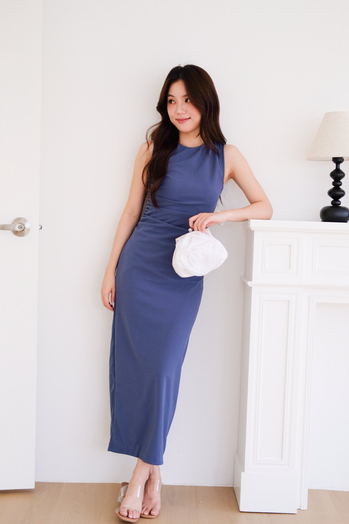 Brianna Ruched Jewel Bodycon Maxi Dress (Midnight Blue)