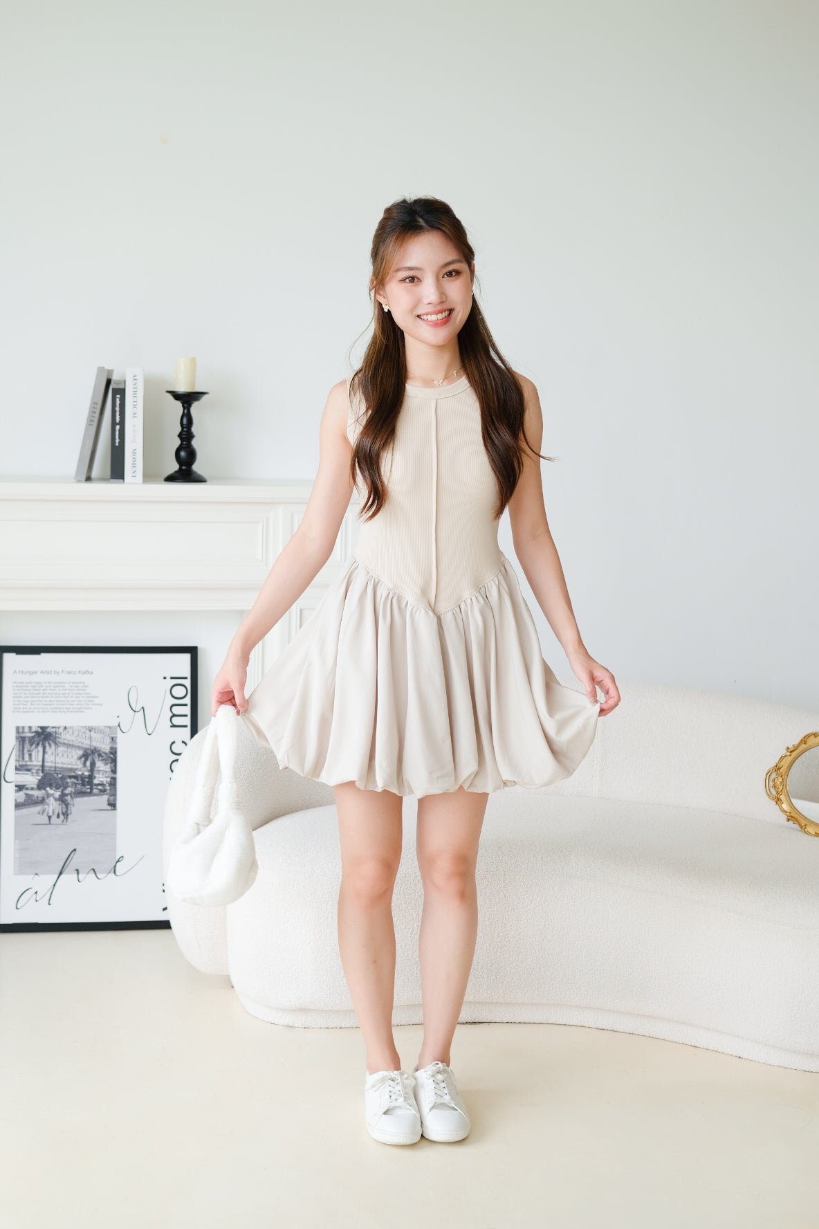 Carmen Ribbed Bubble Dress (Ecru)