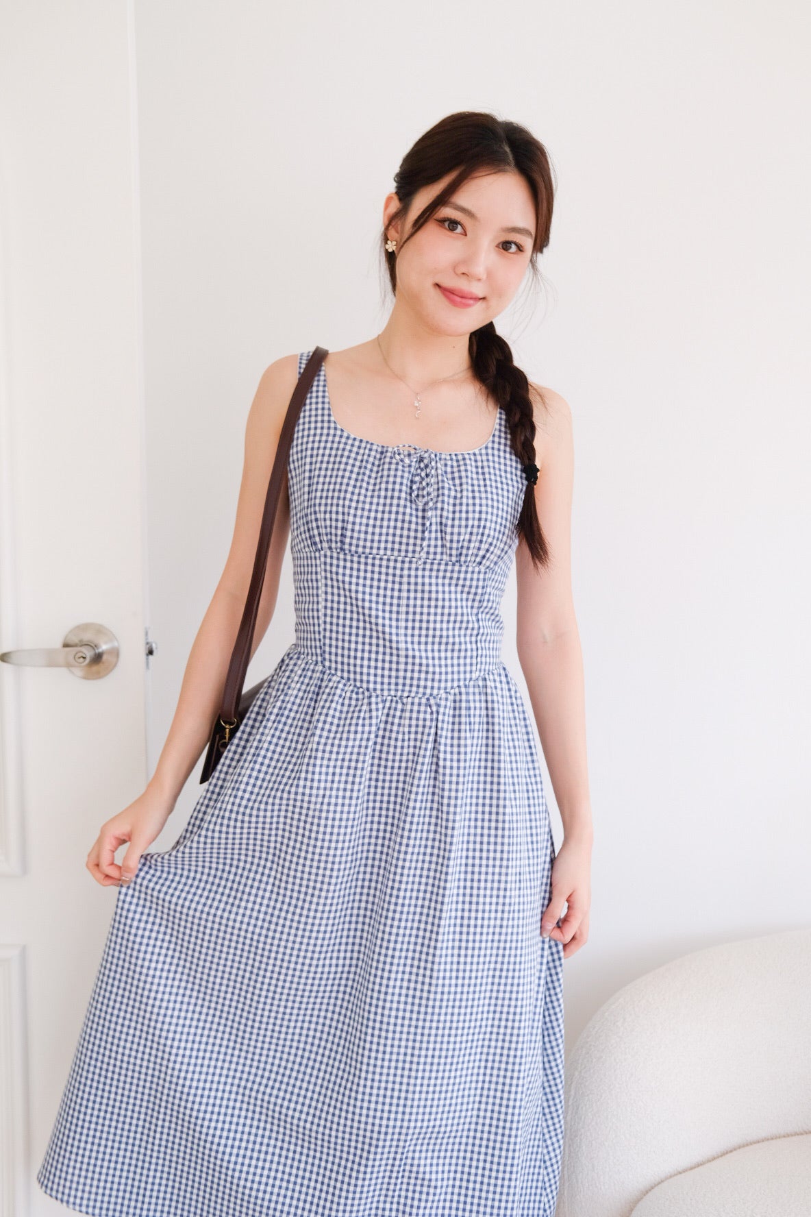 Carmie Thick Waist Midi Dress (Blue Plaid)