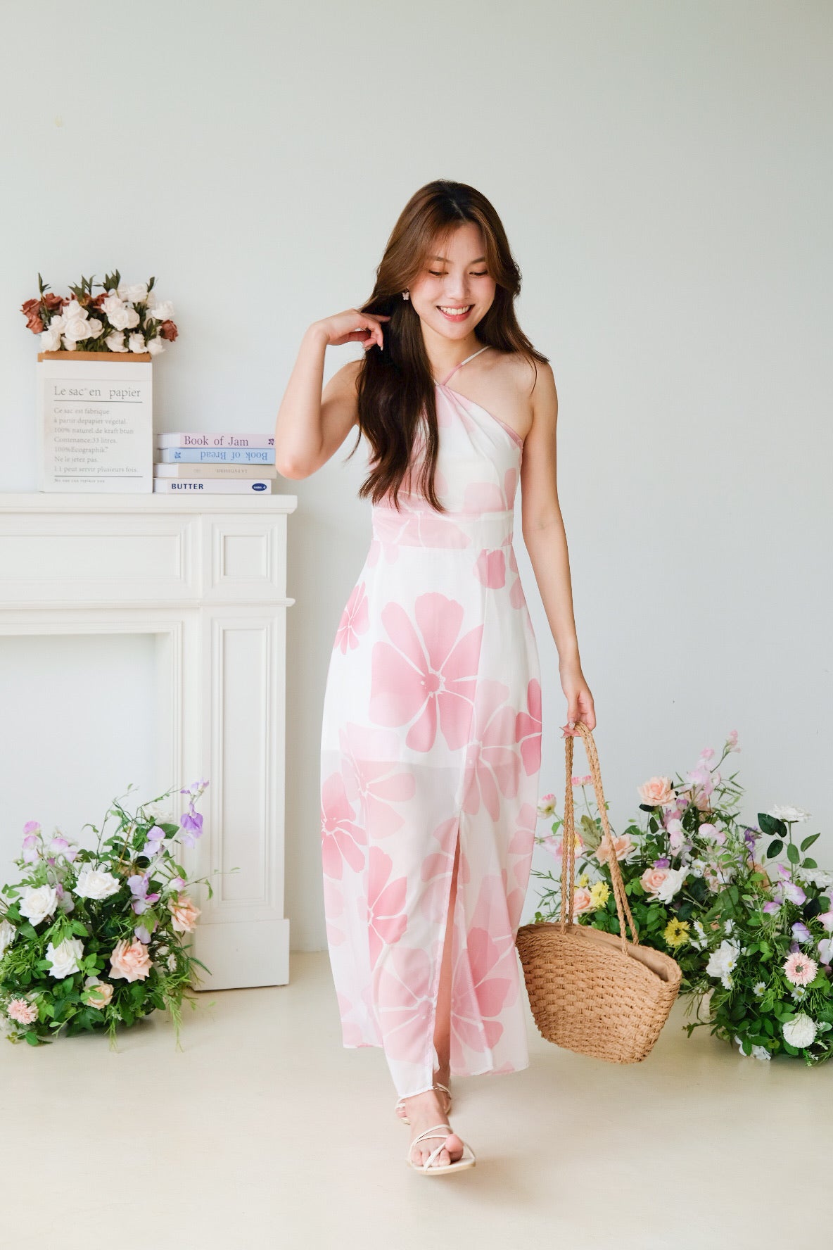 Reyna Floral Halter Slit Maxi Dress (Rouge Pink)