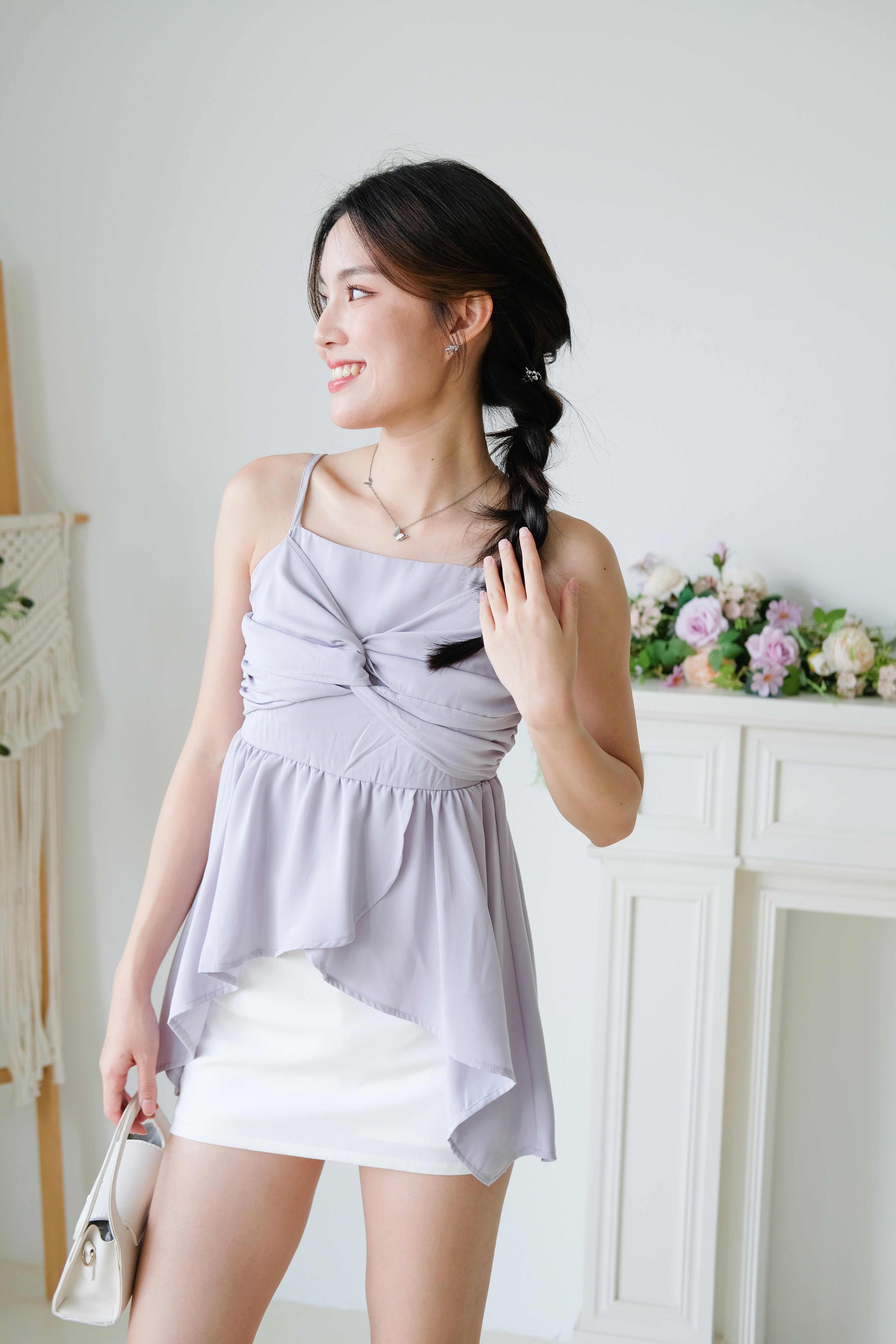 Natalie Twist Ruffle Asymmetrical Top (Dusty Purple)