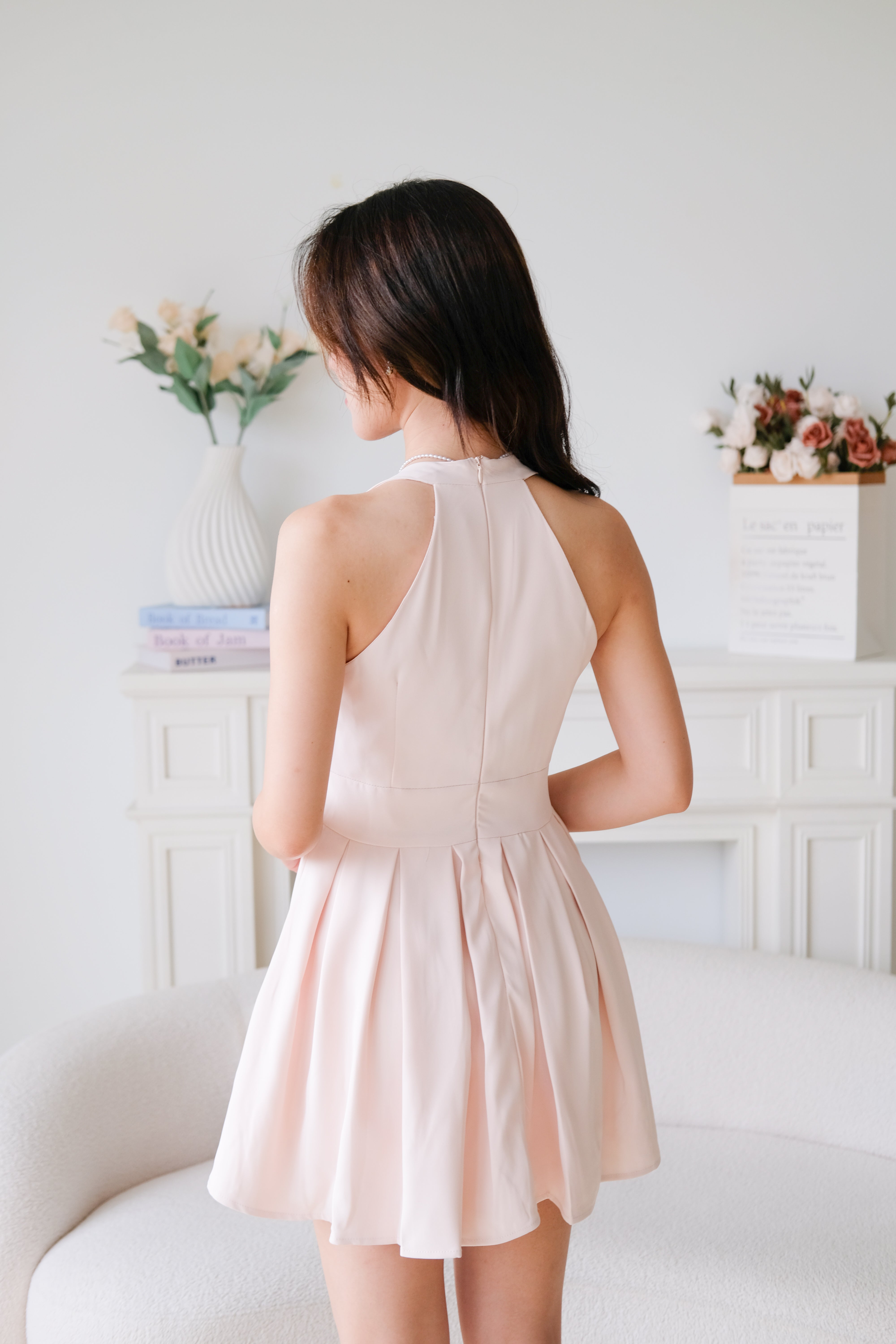 Moon Halter Pleat Dress (Baby Pink)
