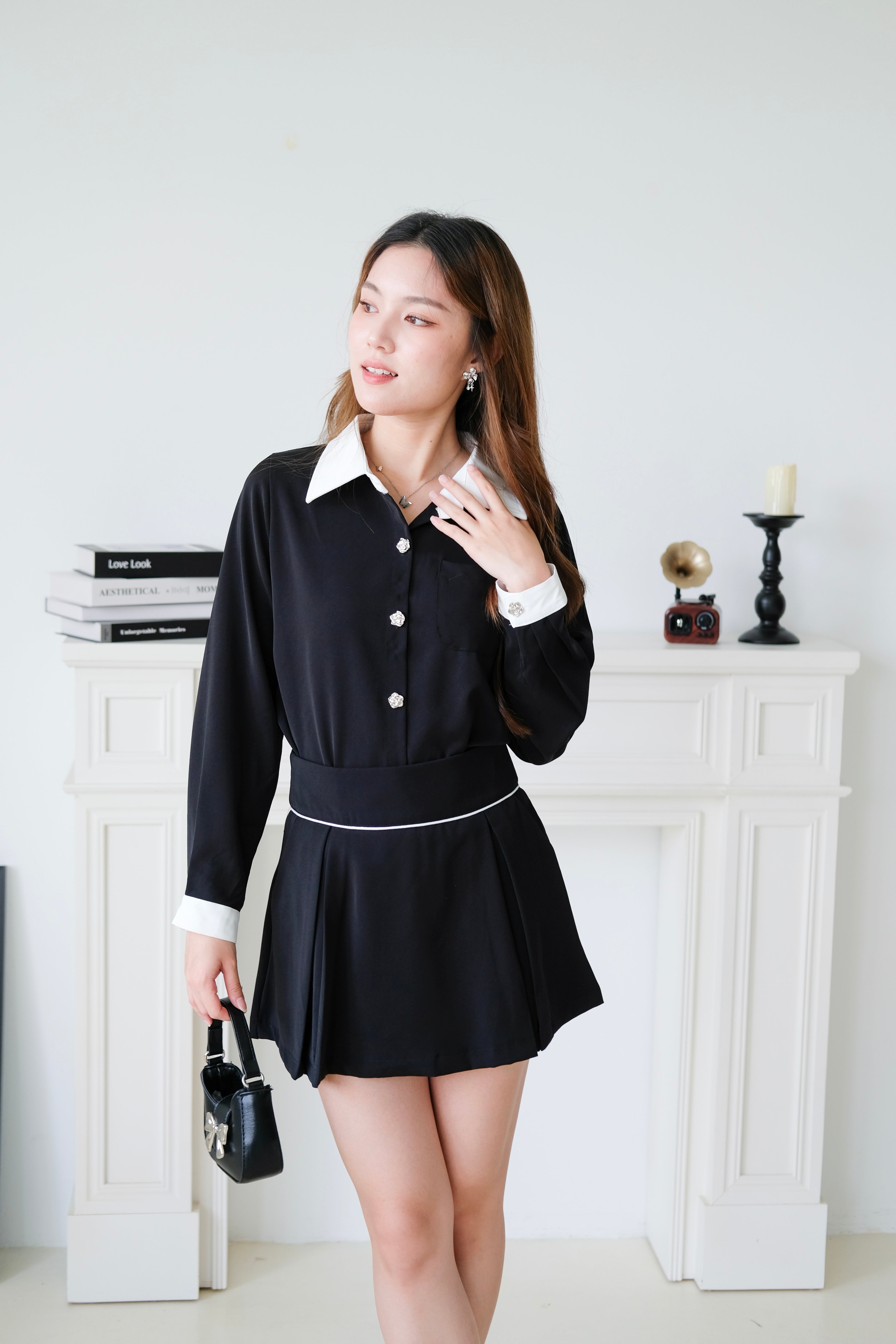 Colette Contrast Collared Casual Set (Black)