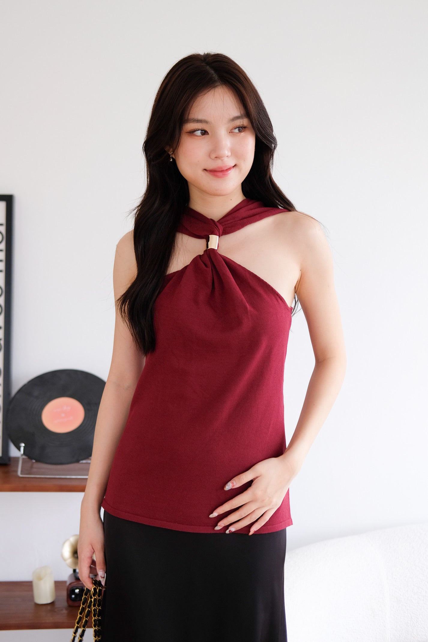 Suezette Halter Gold Ornament Knit Top (Maroon)