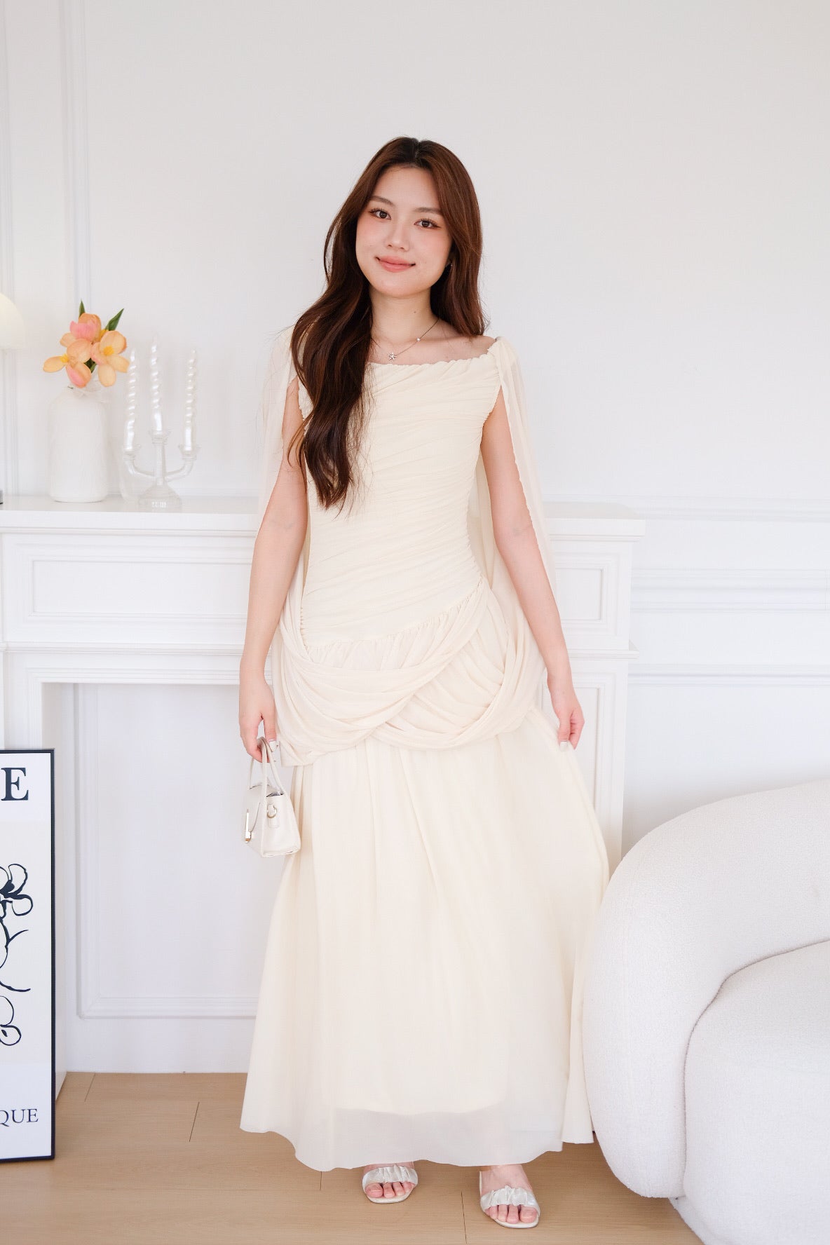 Jasmine Ruched Mesh Off Shoulder Maxi Dress (Pale Yellow)