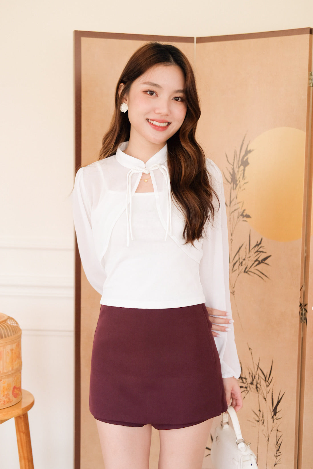 清 Qing 2 in 1 Long Sleeves Cheongsam Top (White)