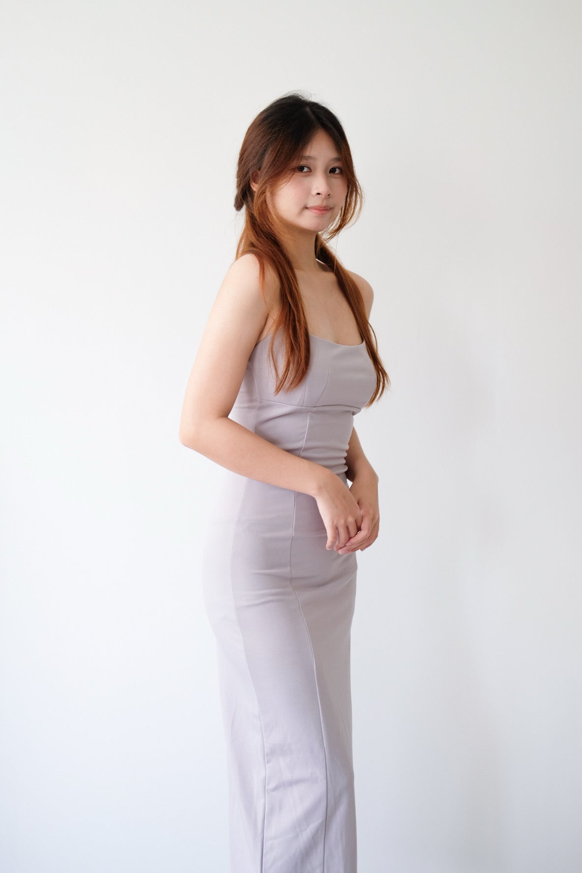 Purplish Grey Side Slit Slim Maxi Dress