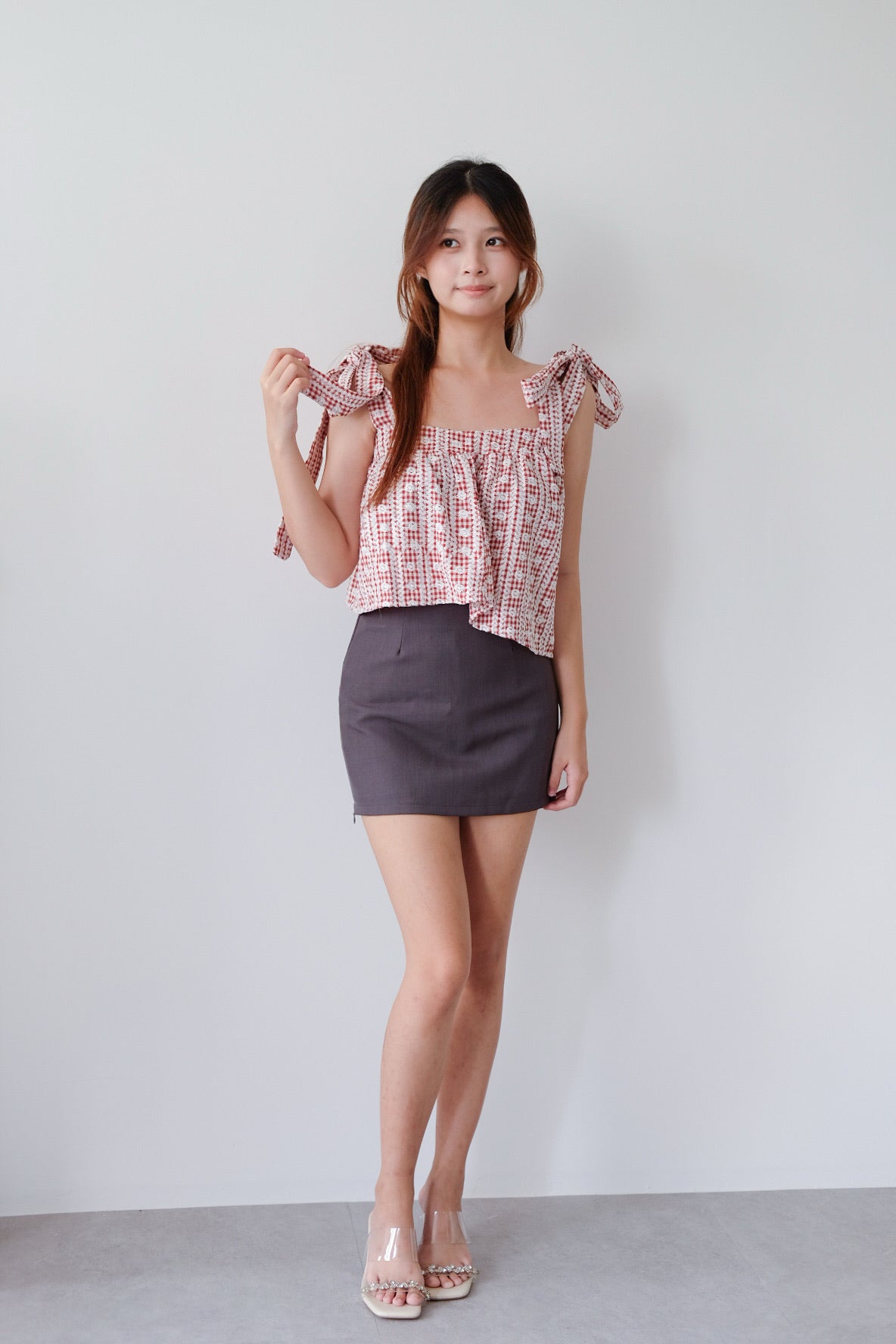 Red Plaid Self Tie Ribbon Babydoll Top