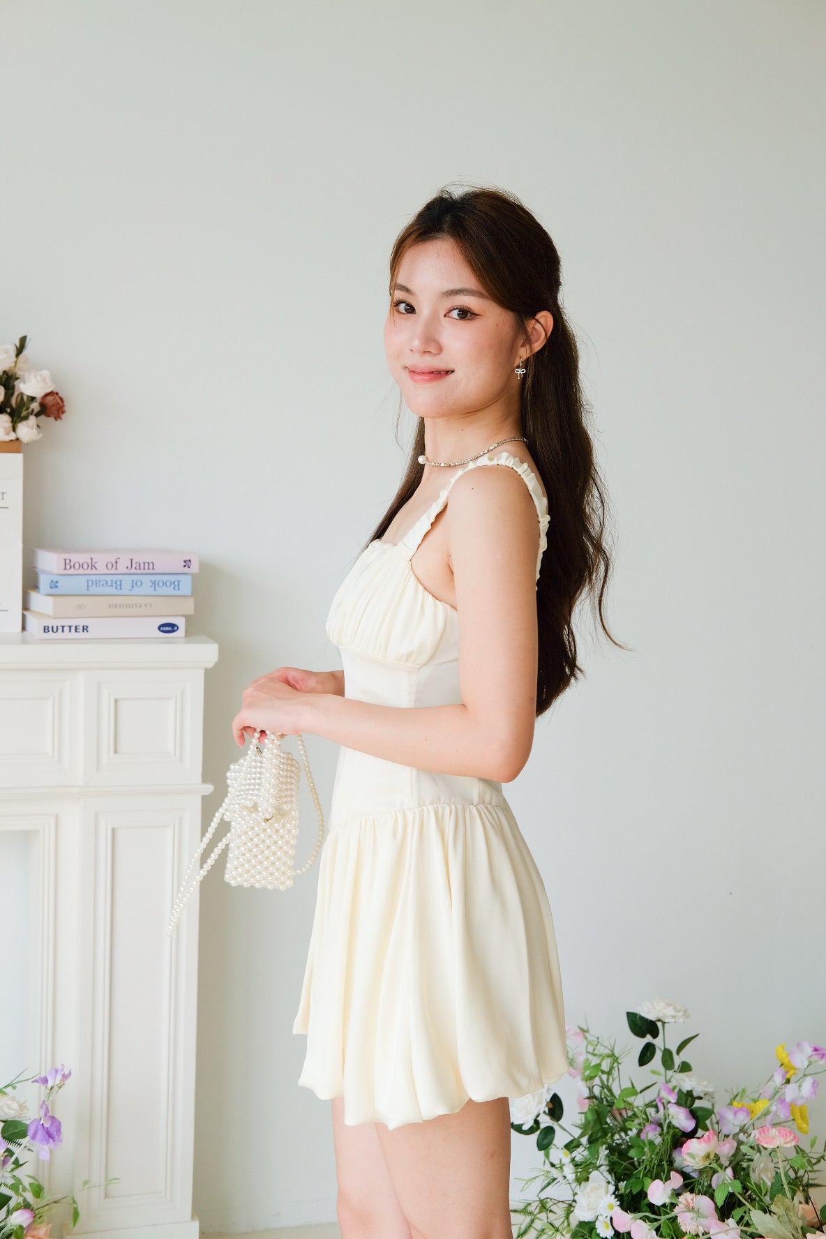 Alesha Ruched Bubble Skater Dress (Pale Yellow)