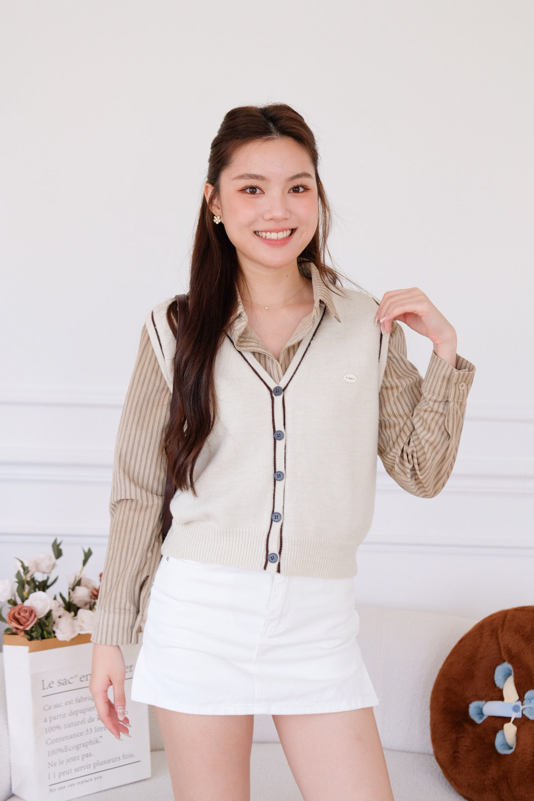 Tessa Contrast Knit Vest (Cream)
