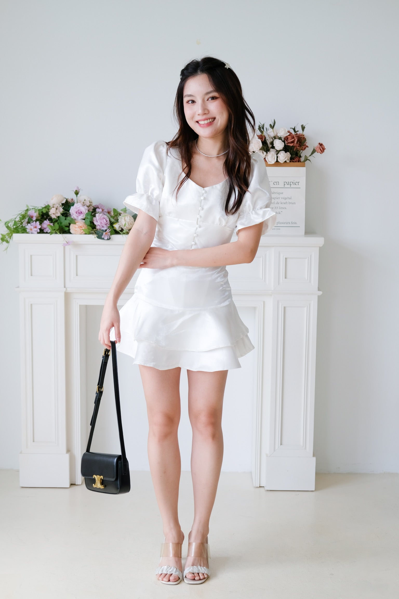 Lush Shimmer Satin Flare Set (White)