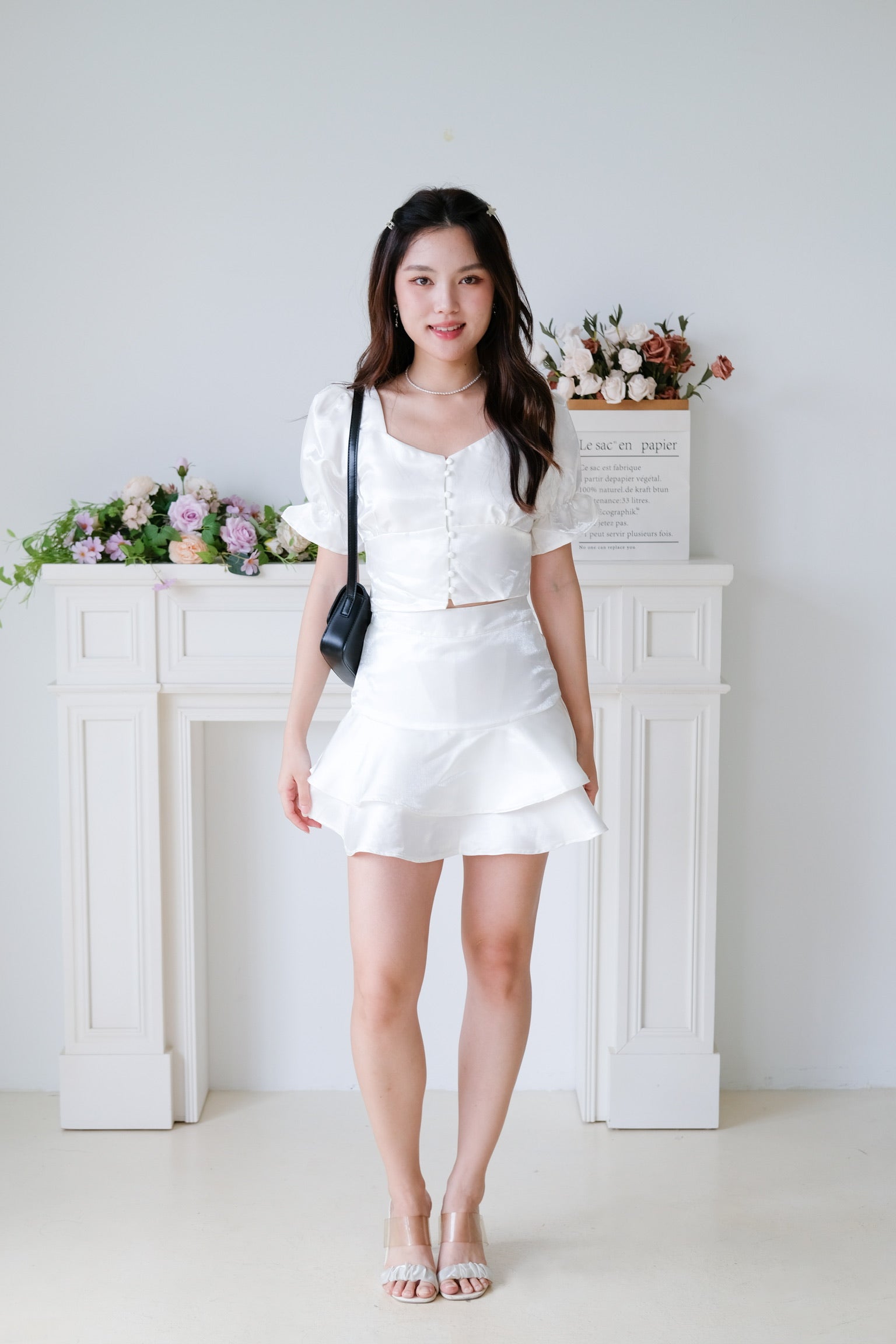 Lush Shimmer Satin Flare Set (White)