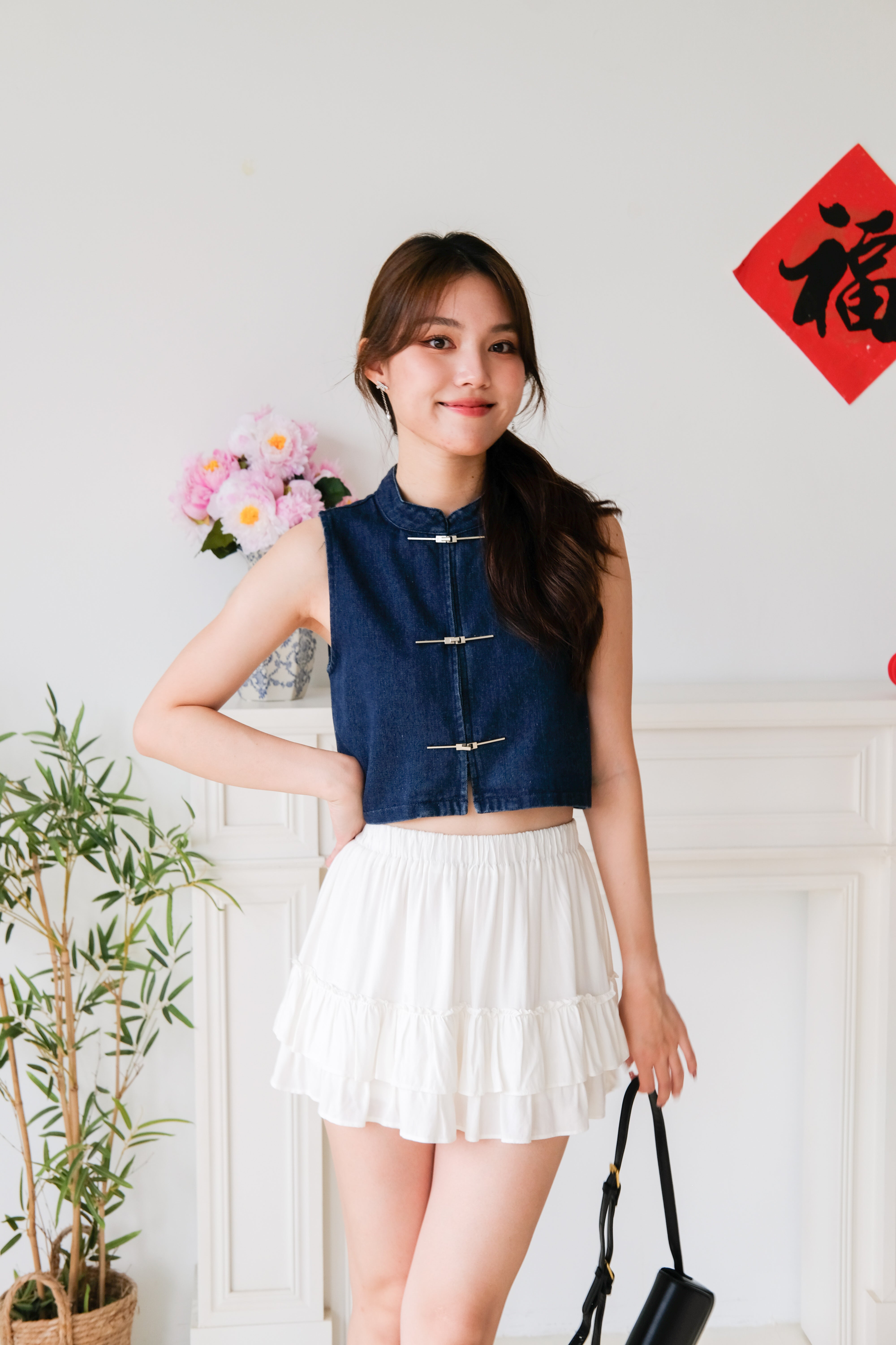 Asa Denim Cheongsam Crop (Dark Blue)