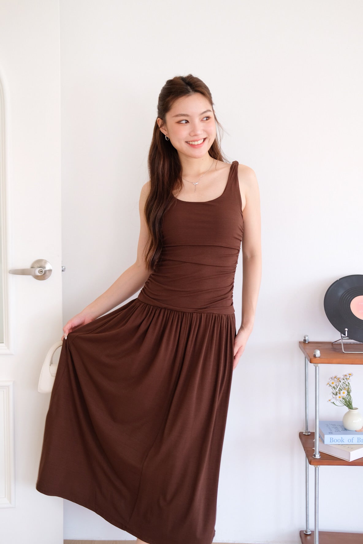 Rosalyn Scoop Ruched Maxi Dress (Mocha)