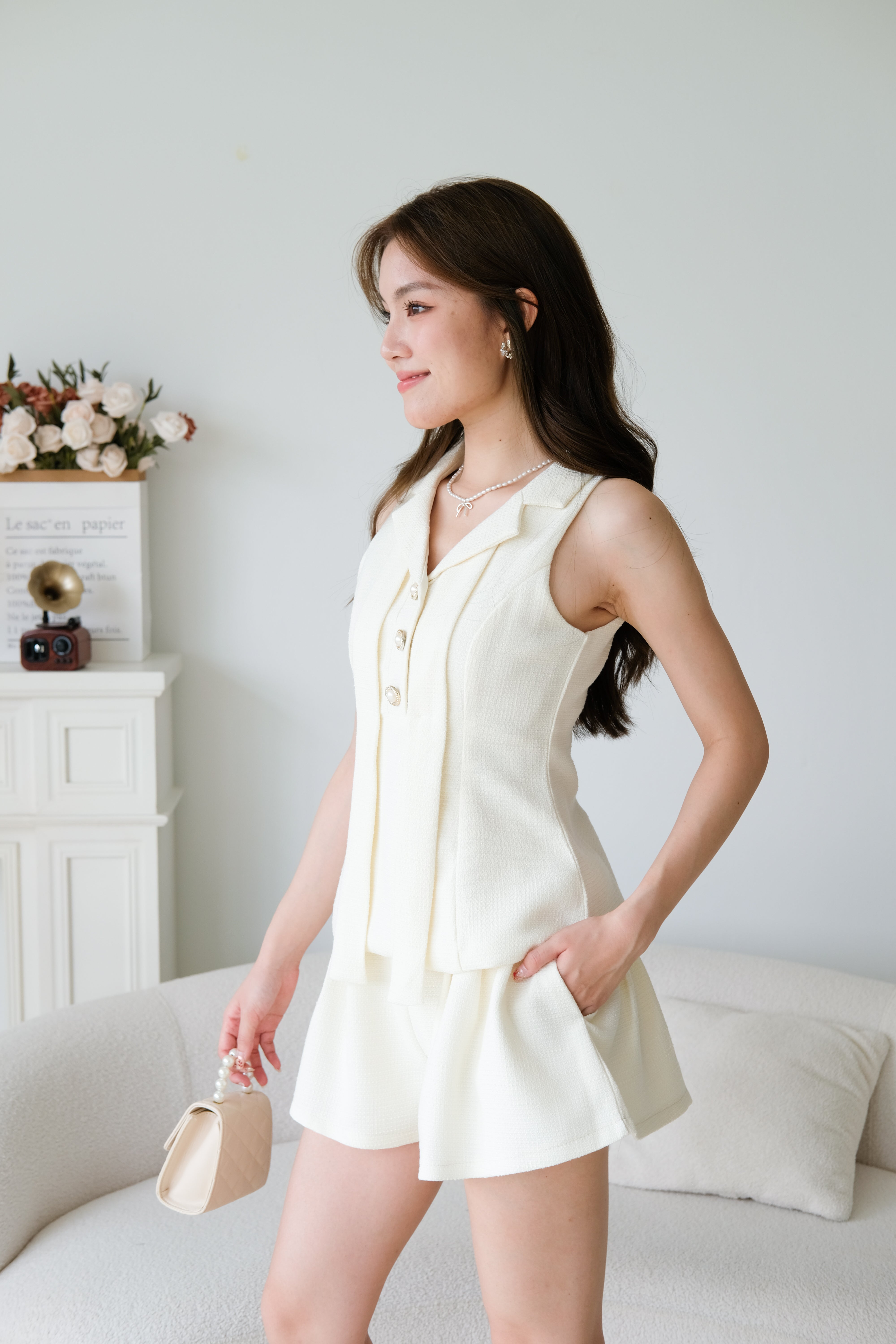 Gwen Collared Tweed Set (White)