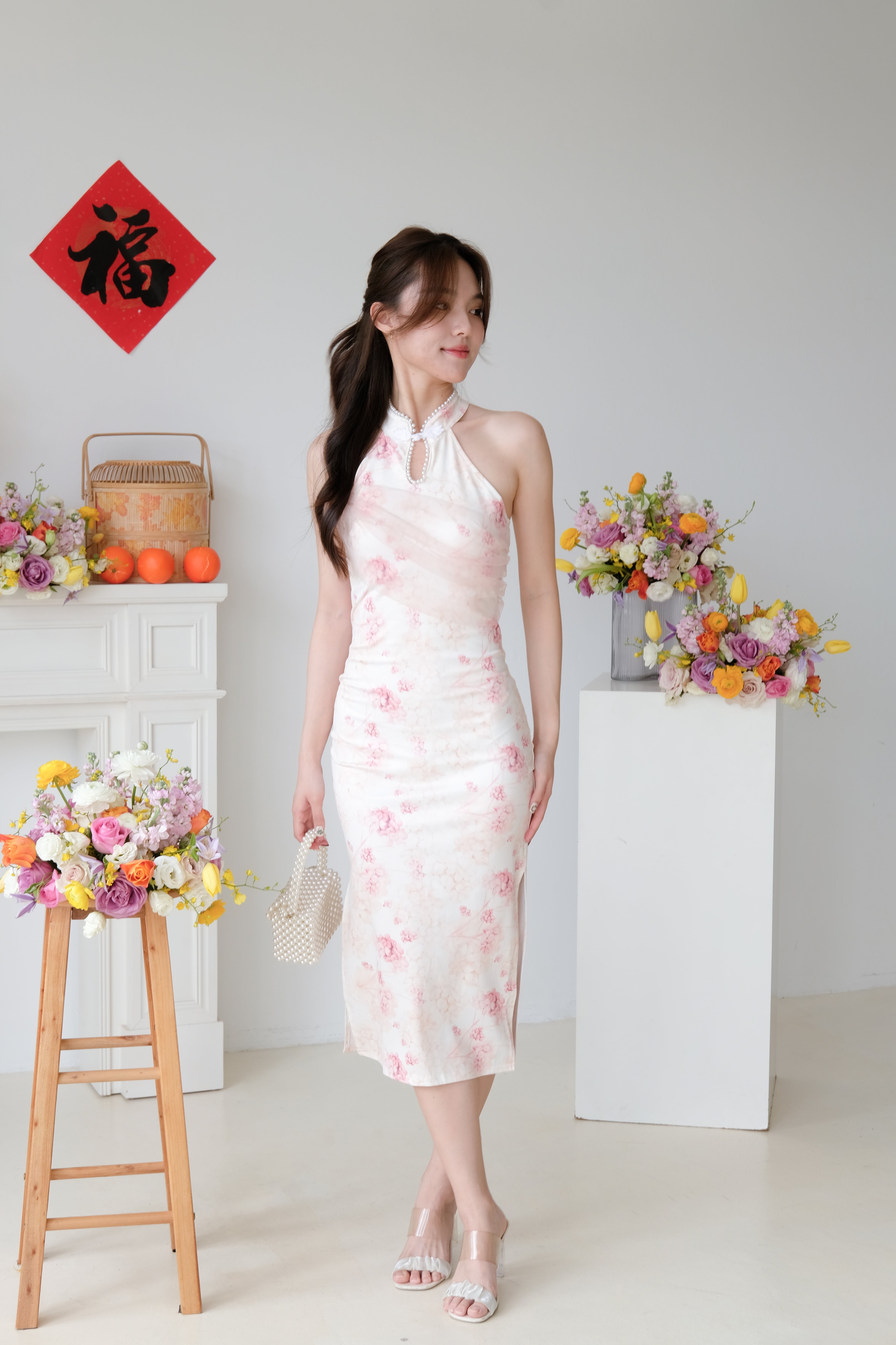Sakura Mini Pearl Halter Midi Cheongsam (Light Pink)