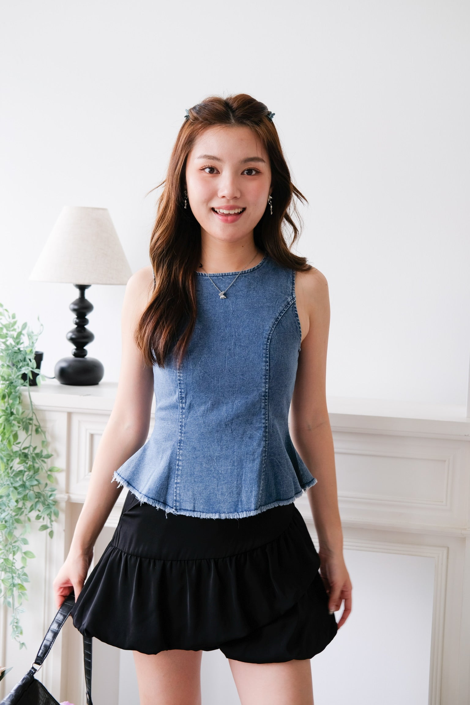 Alda Peplum Denim Top (Medium Blue)