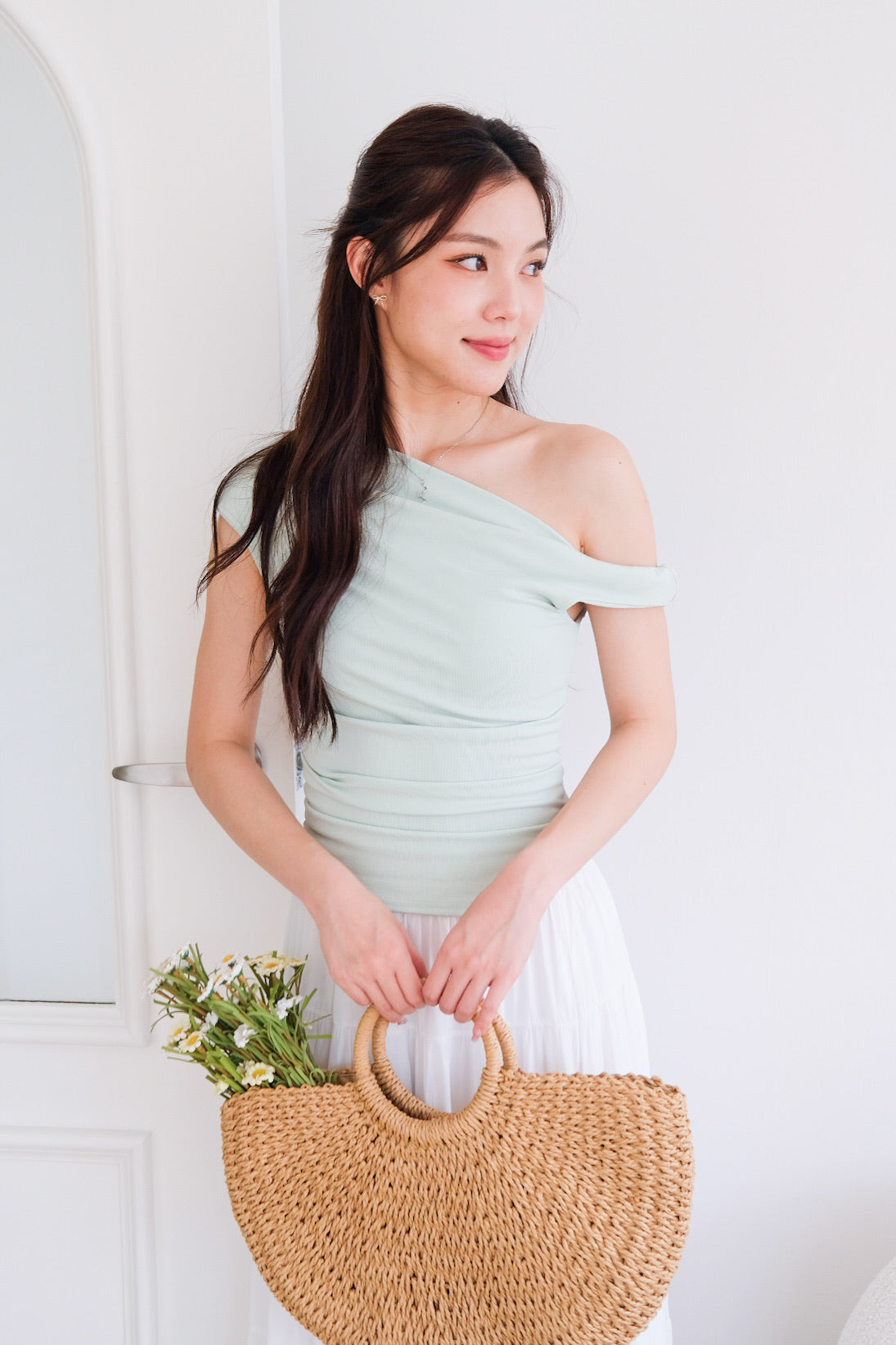 Deborah One Shoulder Ruched Top (Glacial Green)