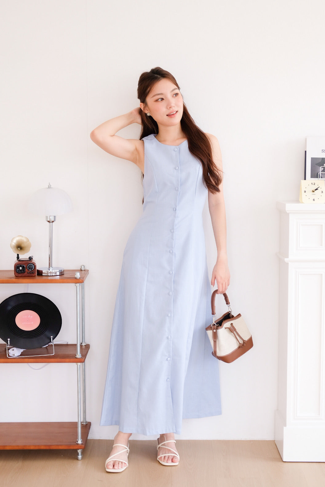 Arlette Button Linen Maxi Dress (Sky Blue)