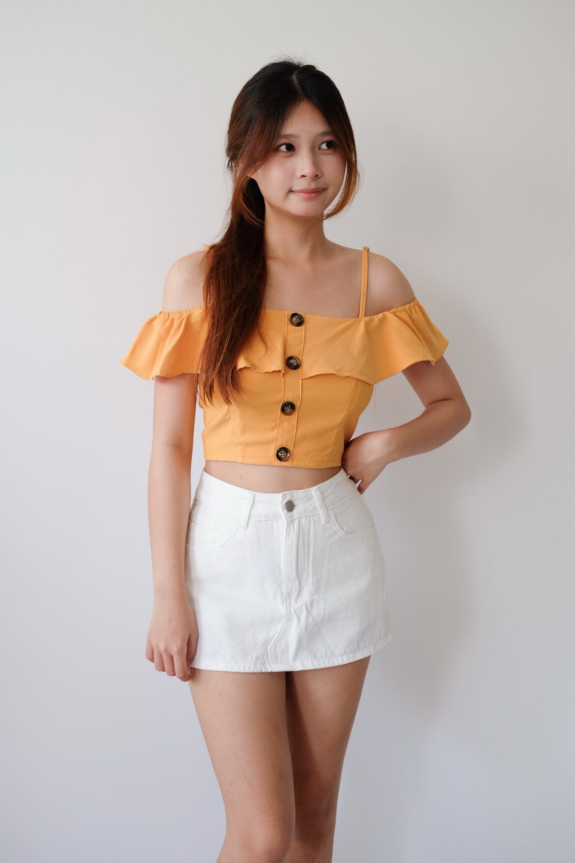 Orange Ruffle Strap Off-Shoulder Top