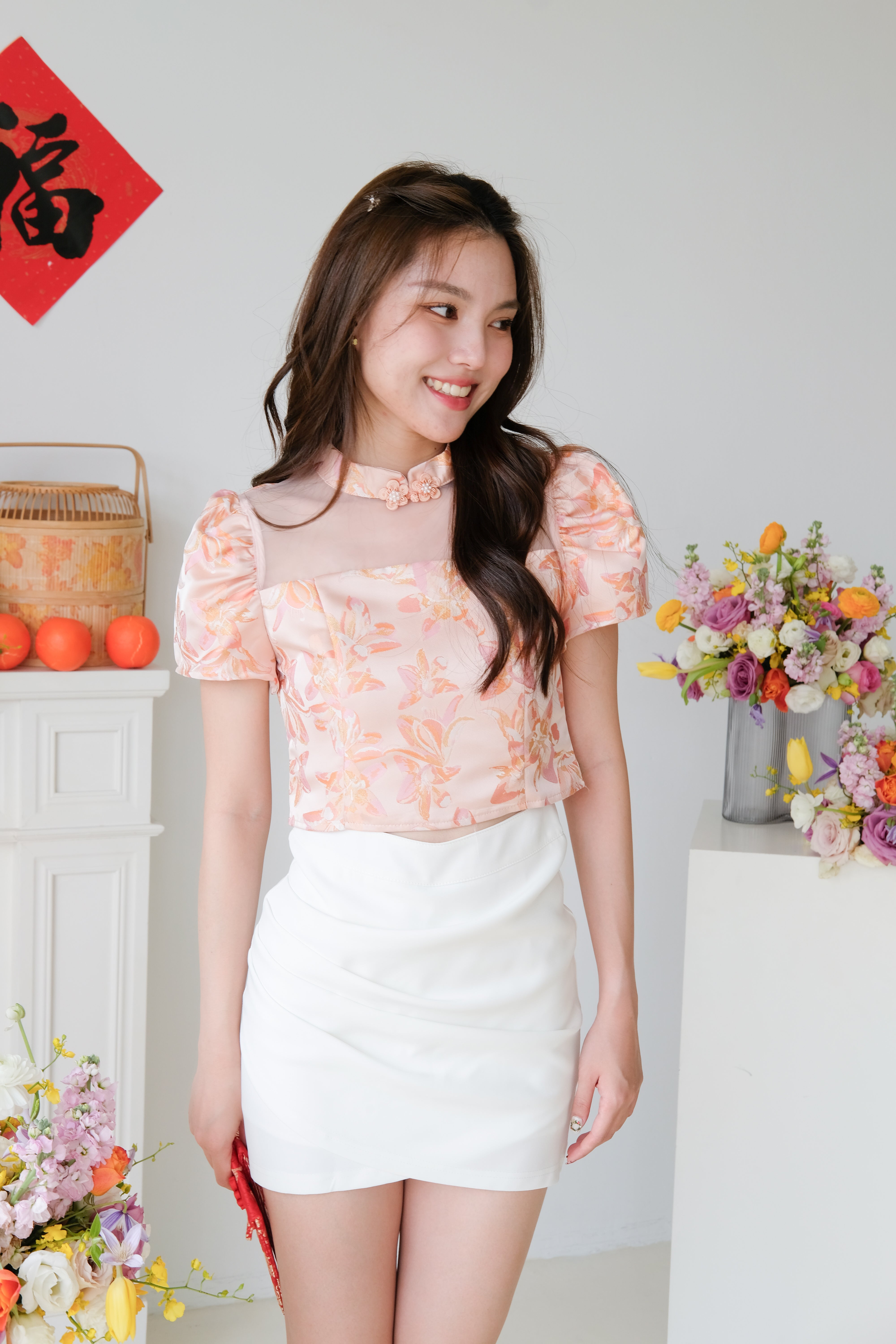 Yan Sleeve Cheongsam Top (Tangerine Pink)