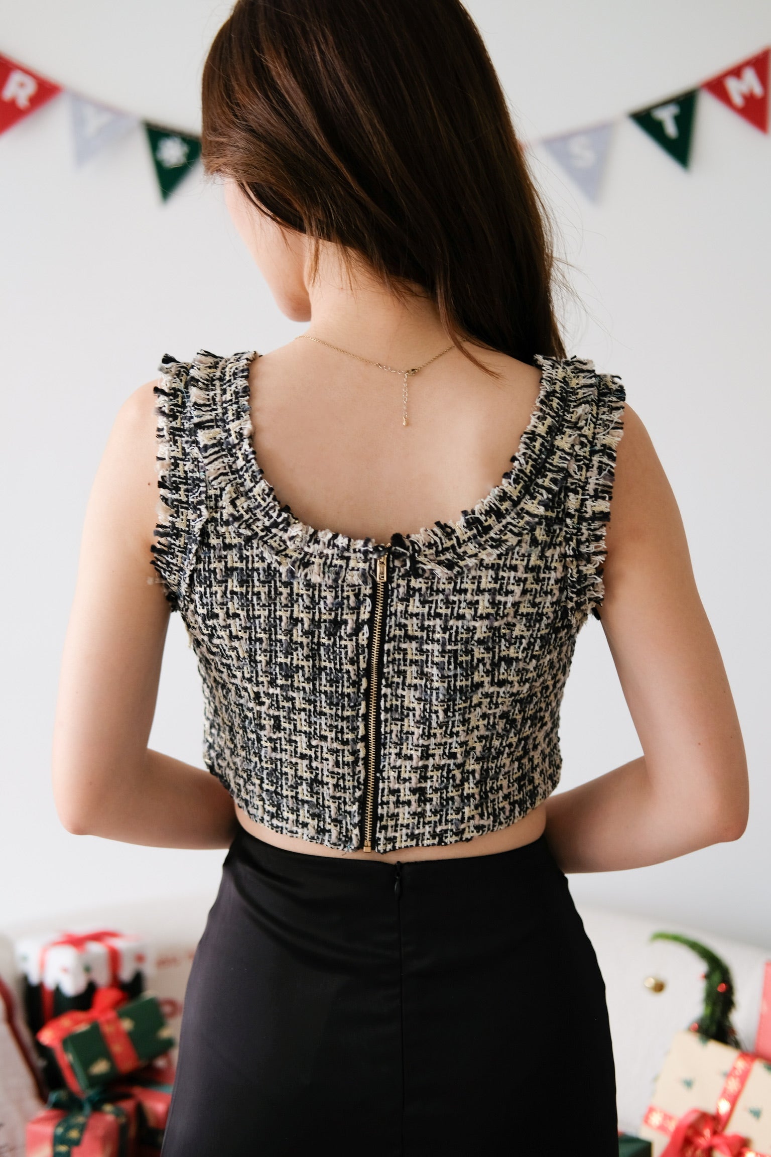Mirea Frills Tweed Crop Top (Black)
