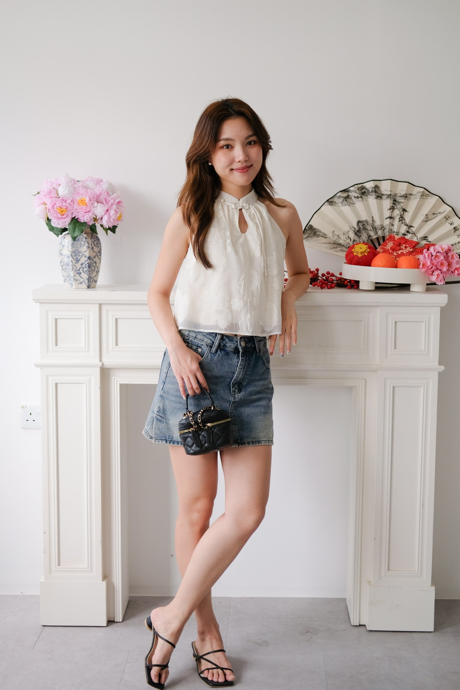 Chu Ran Floral Organza Cheongsam Top (Cream)