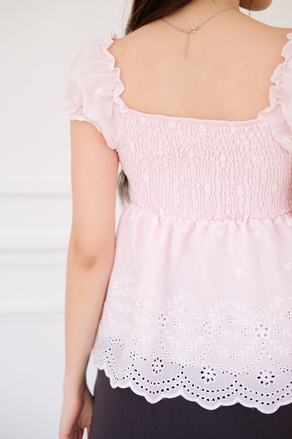 Kylin Eyelet Ruched Peplum Top (Baby Pink)