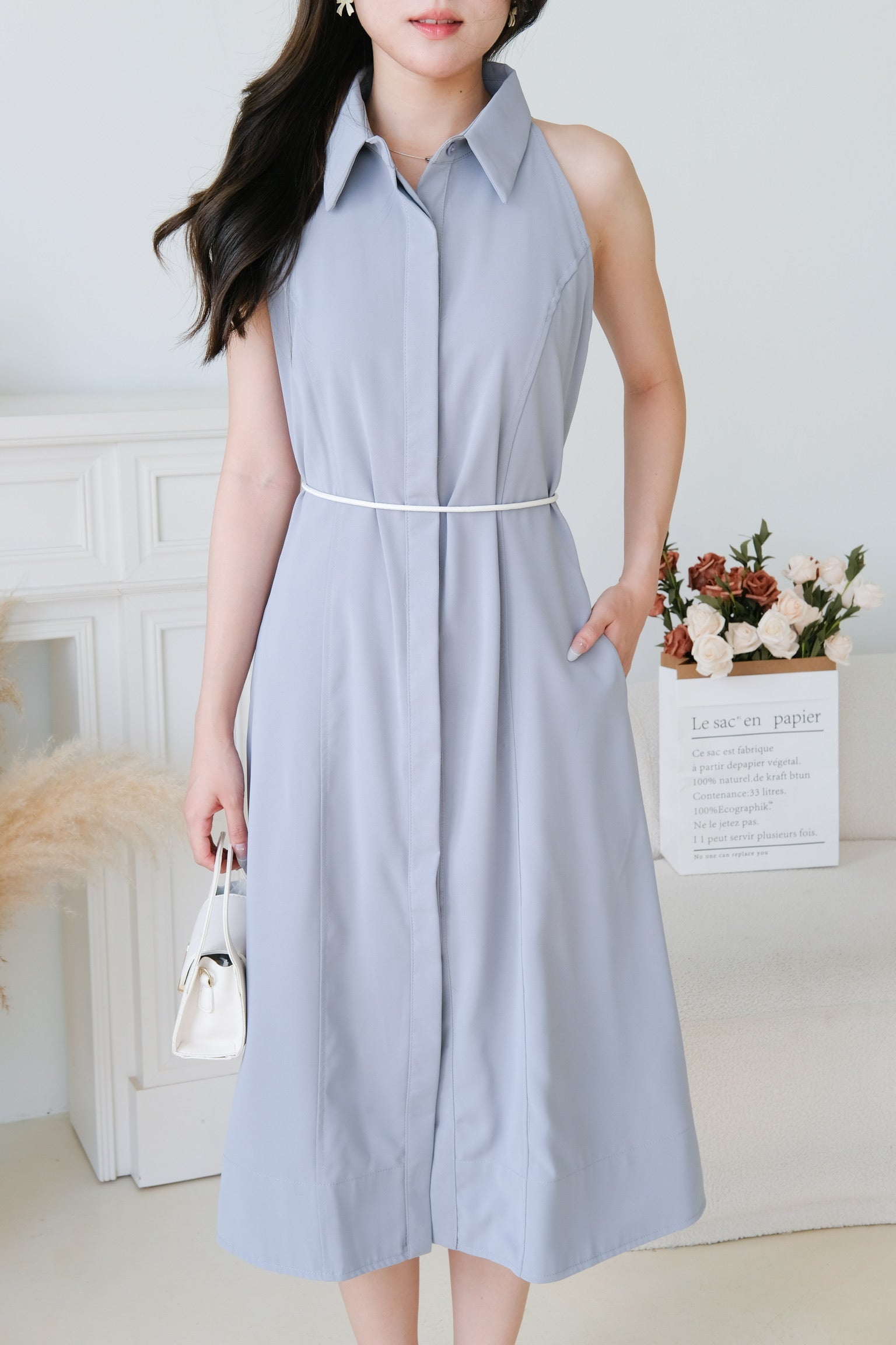 Eletta Collared A Line Dress (Dusty Blue)