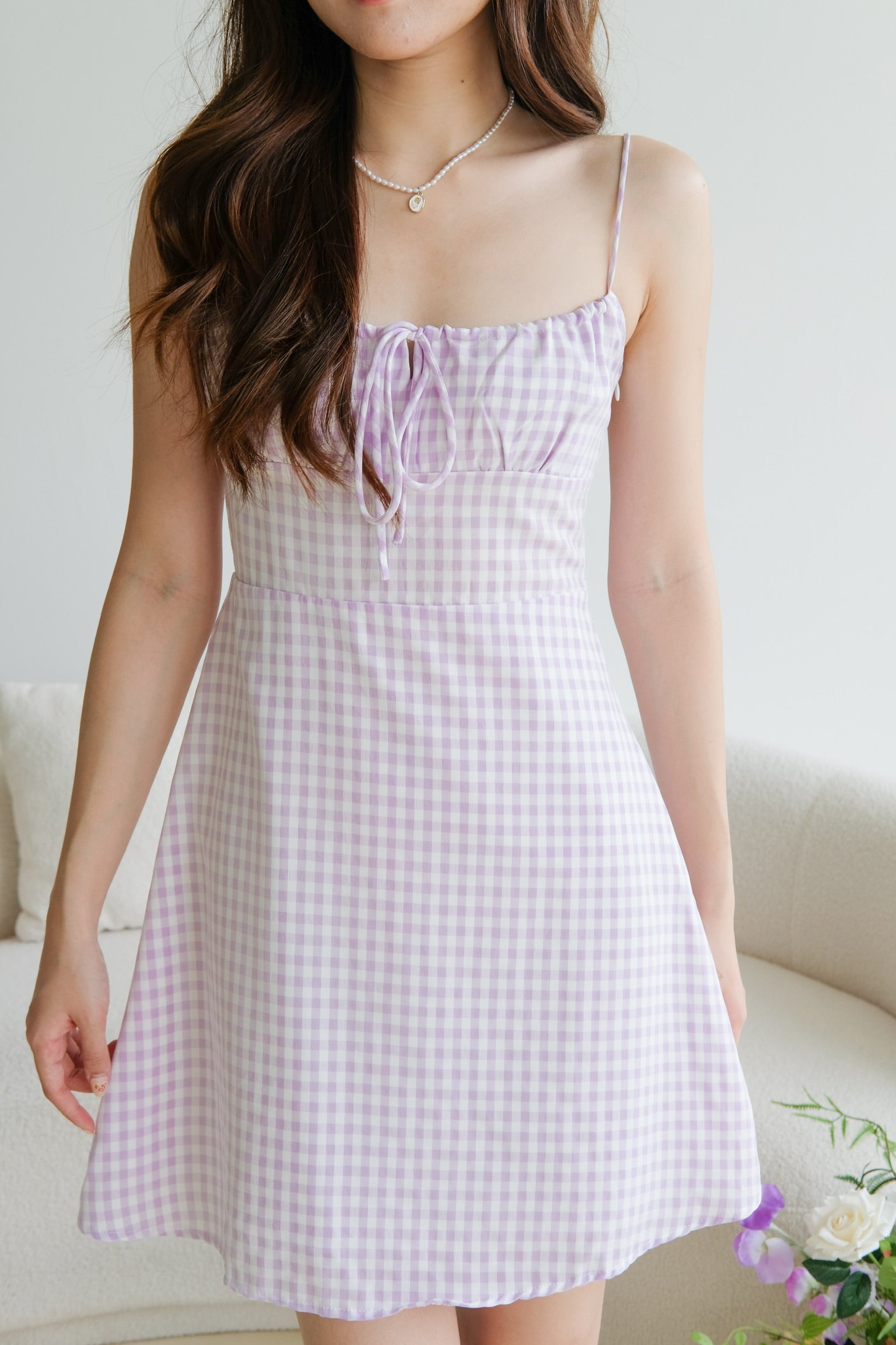 Veron Ruched Plaid Mini Dress (Purple)