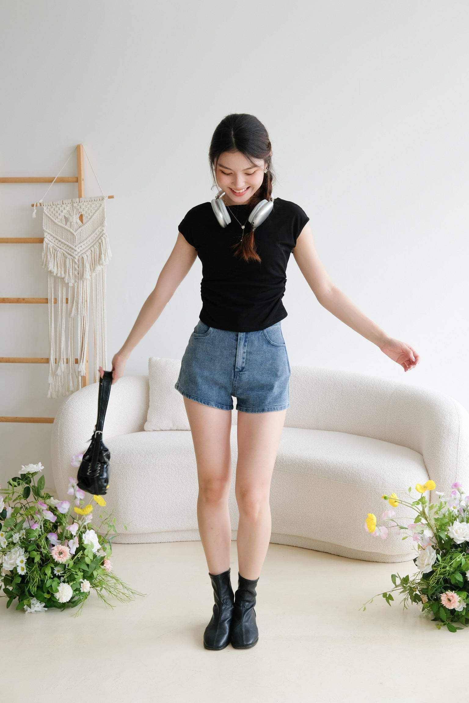 Zola Boatneck Ruched Tee (Black)