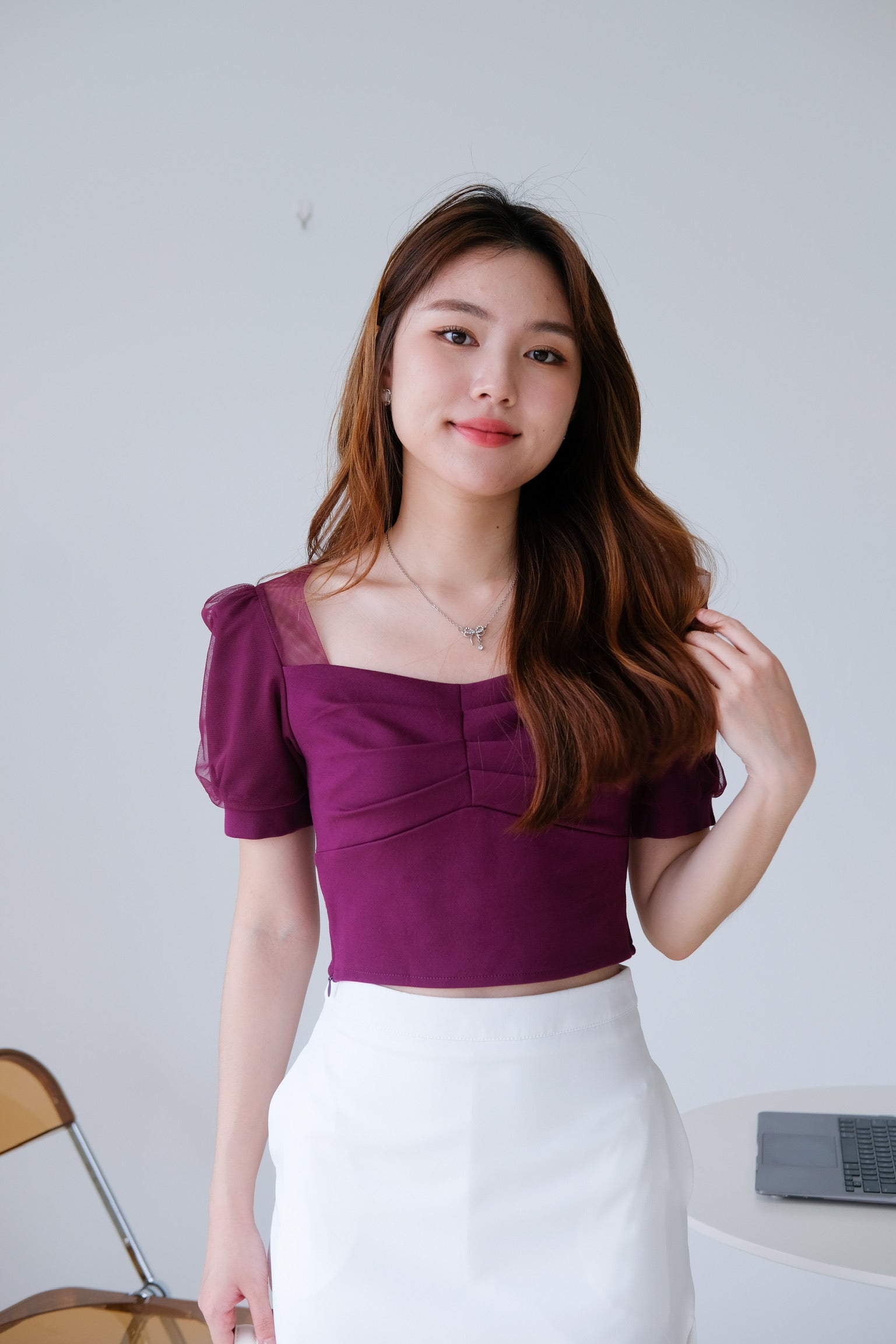 Ruffle Ruched Puff Sleeve Top (Purple)