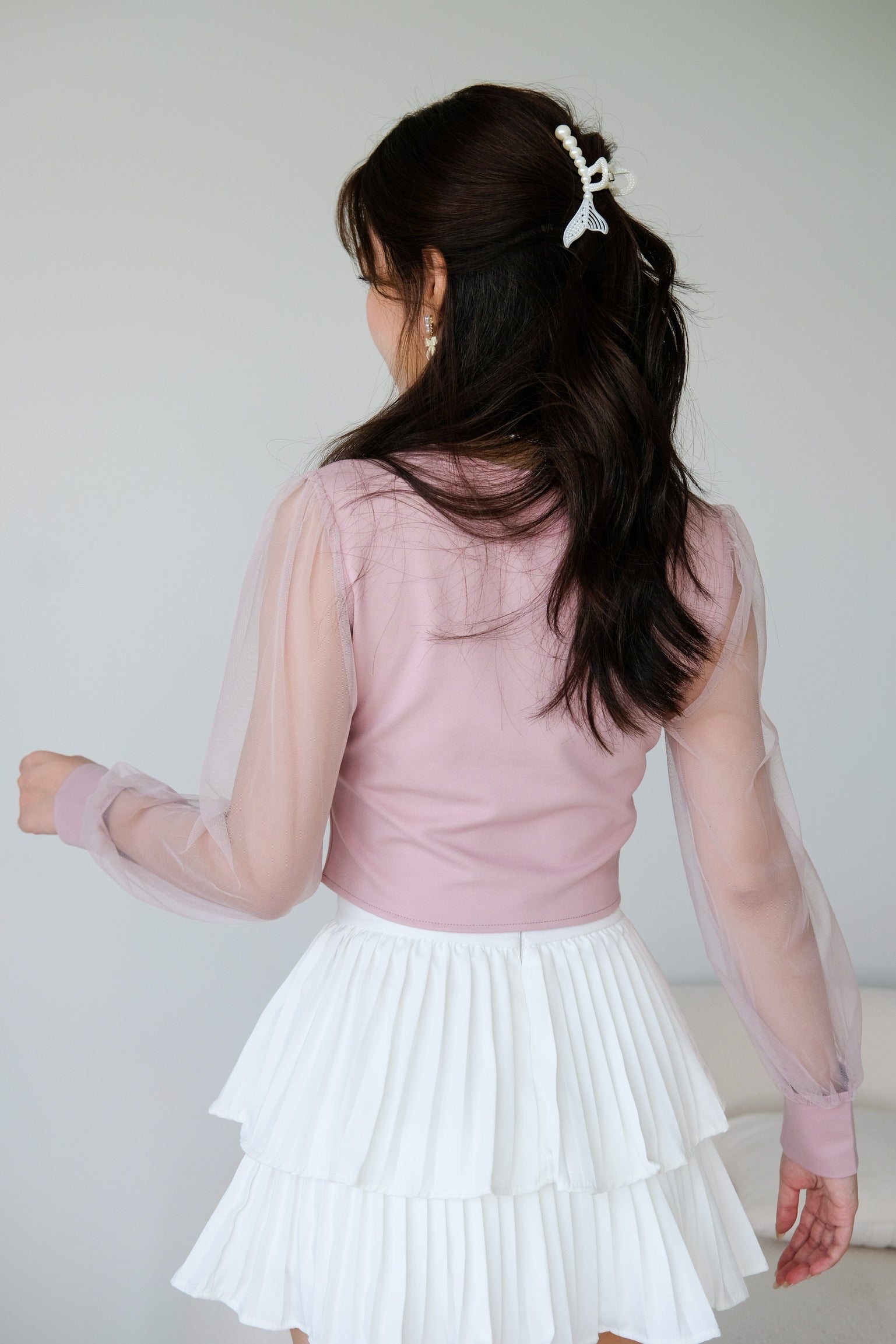 Sheer Sleeve Square Neck Crop Top (Pink)