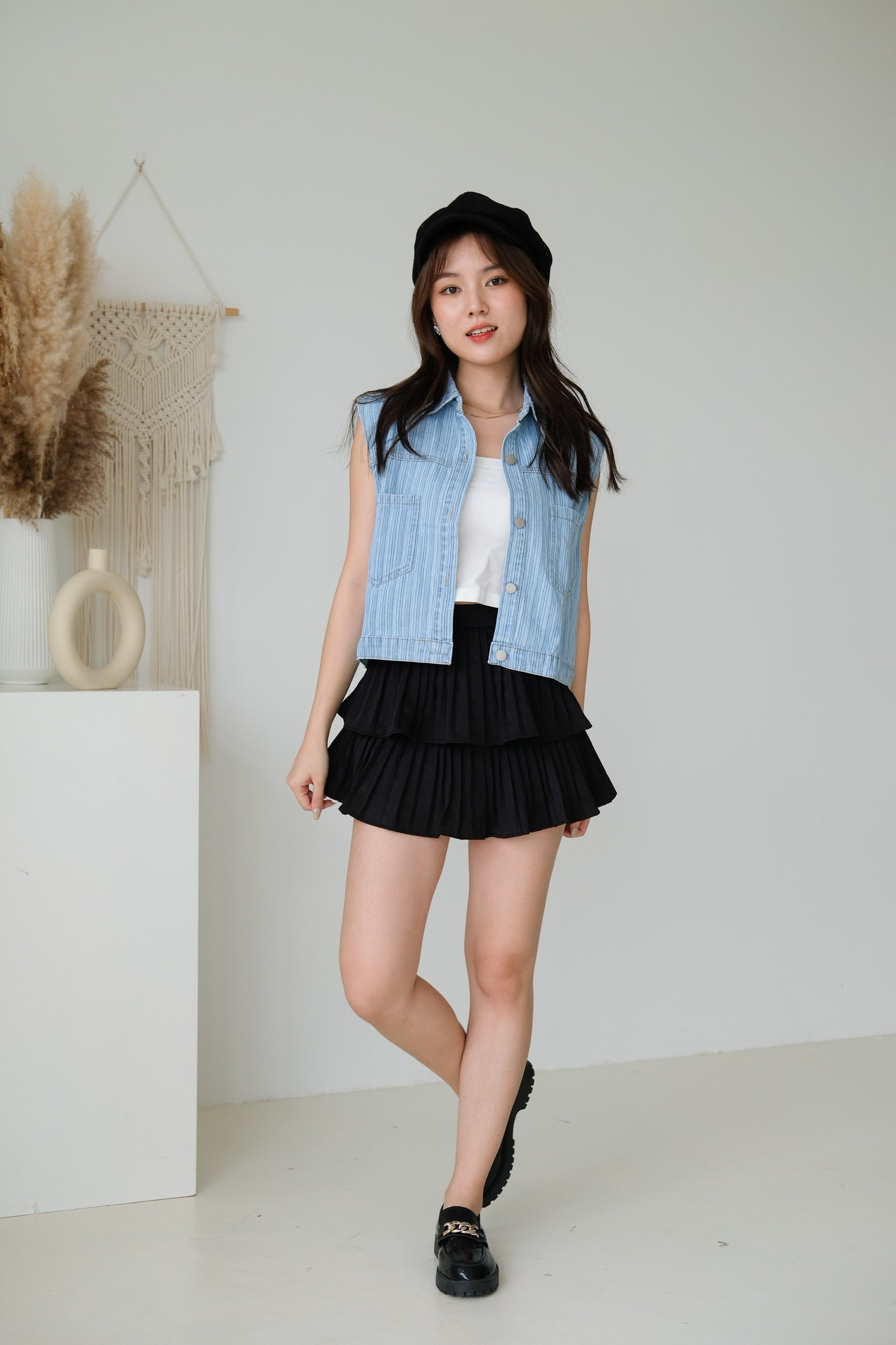 Denim Stripe Sleeveless Vest Top (Light Blue)