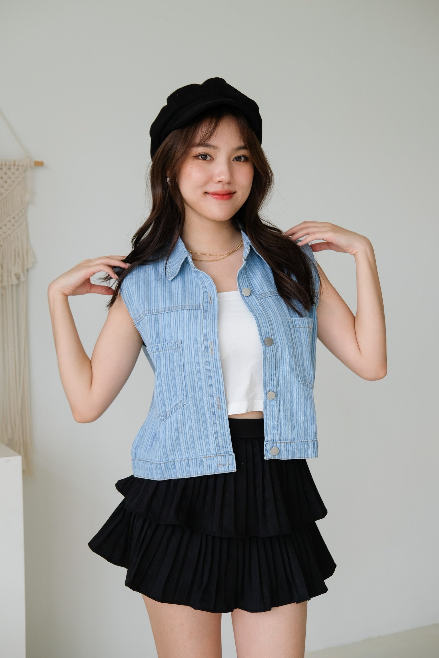 Denim Stripe Sleeveless Vest Top (Light Blue)