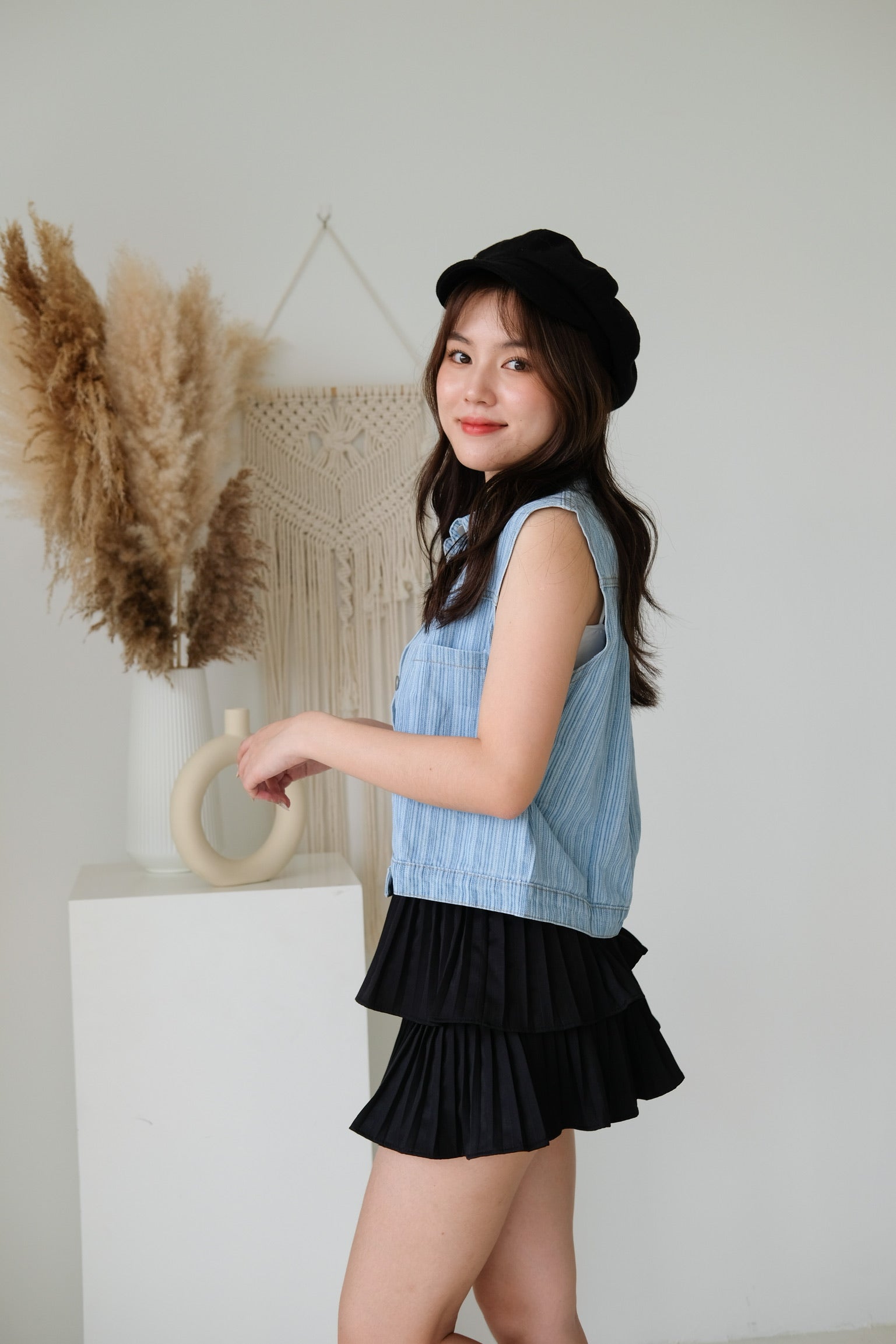 Denim Stripe Sleeveless Vest Top (Light Blue)