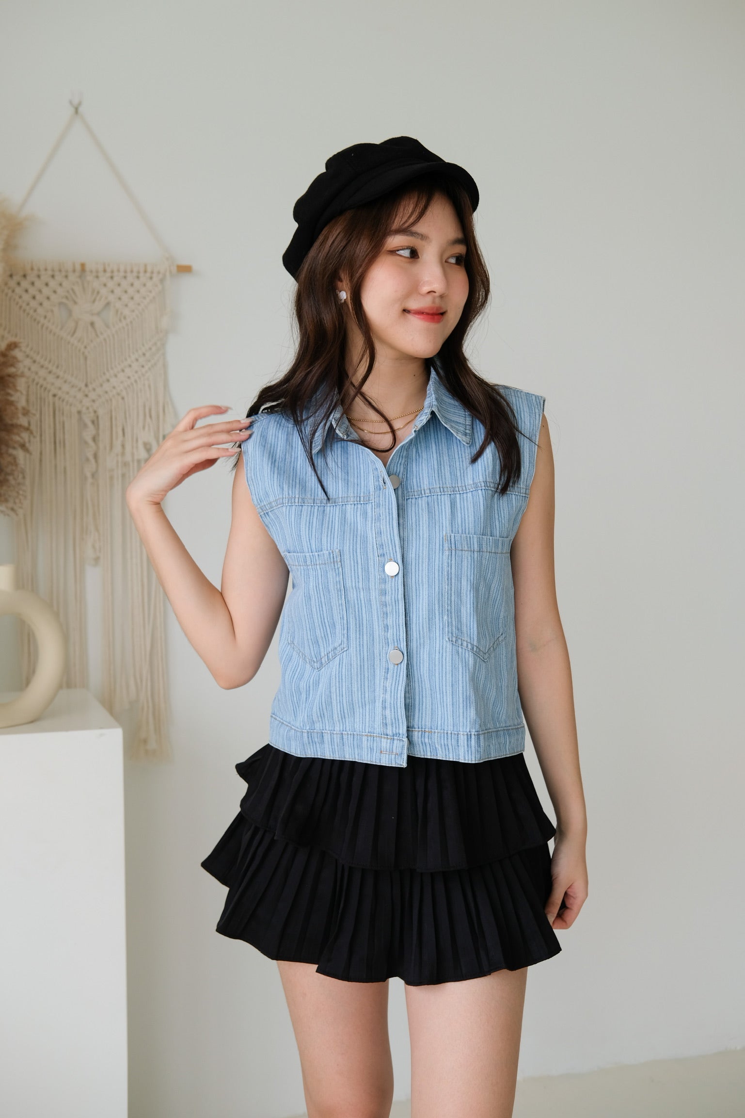 Denim Stripe Sleeveless Vest Top (Light Blue)