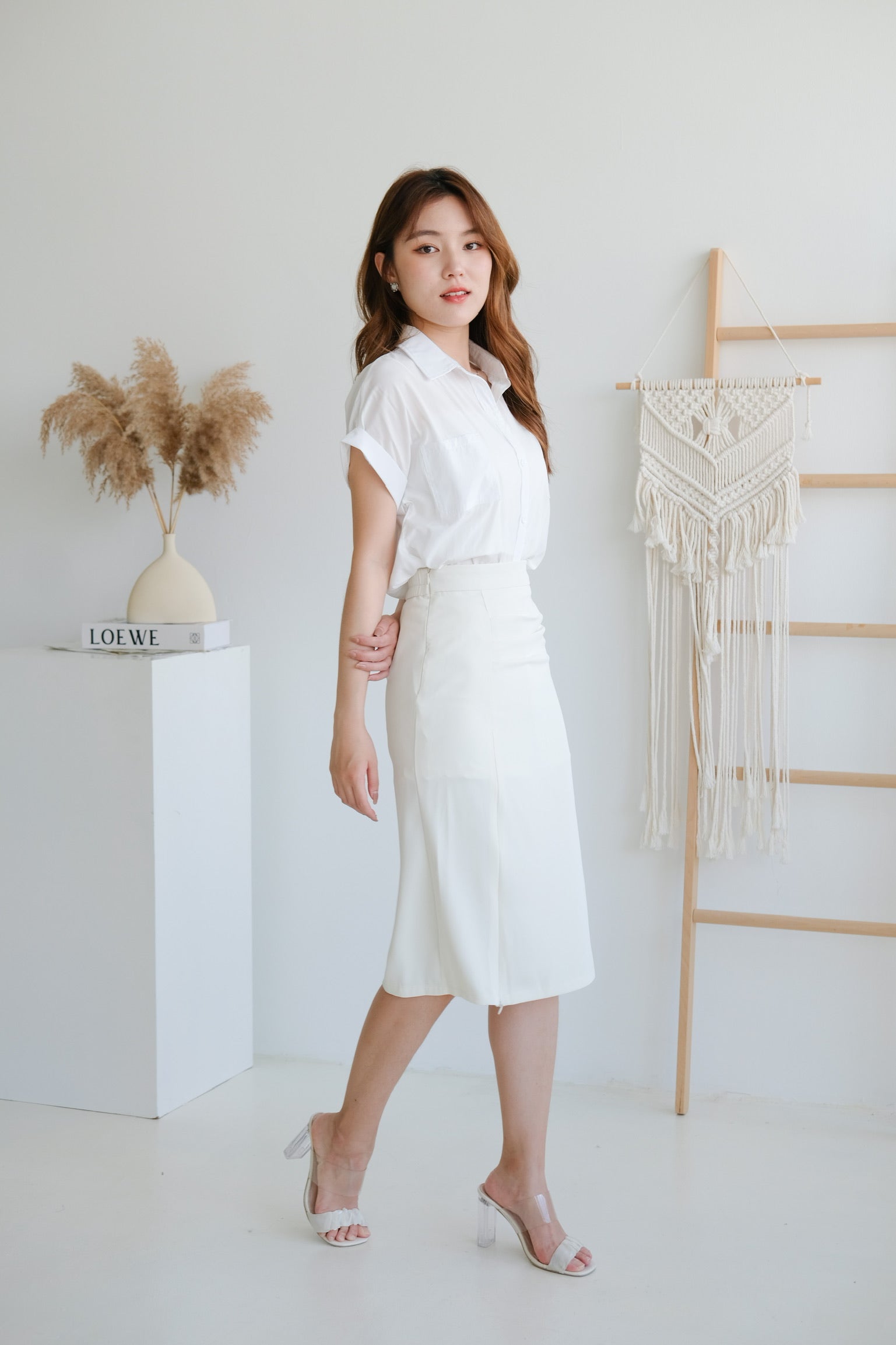 High Waisted Ruched Slit Midi Skirt (Cream)