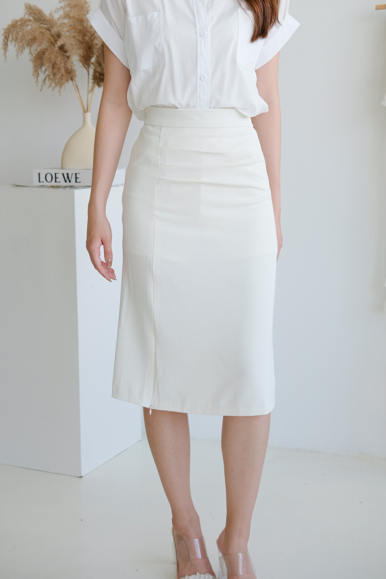 High Waisted Ruched Slit Midi Skirt (Cream)