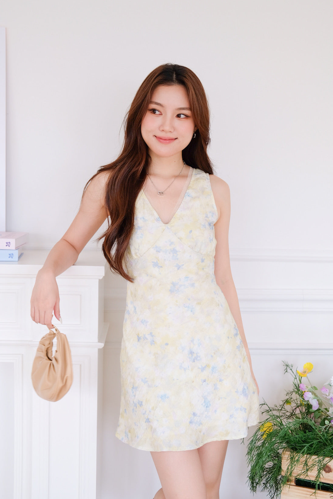 Lila V Neck Mini Dress (Light Yellow)
