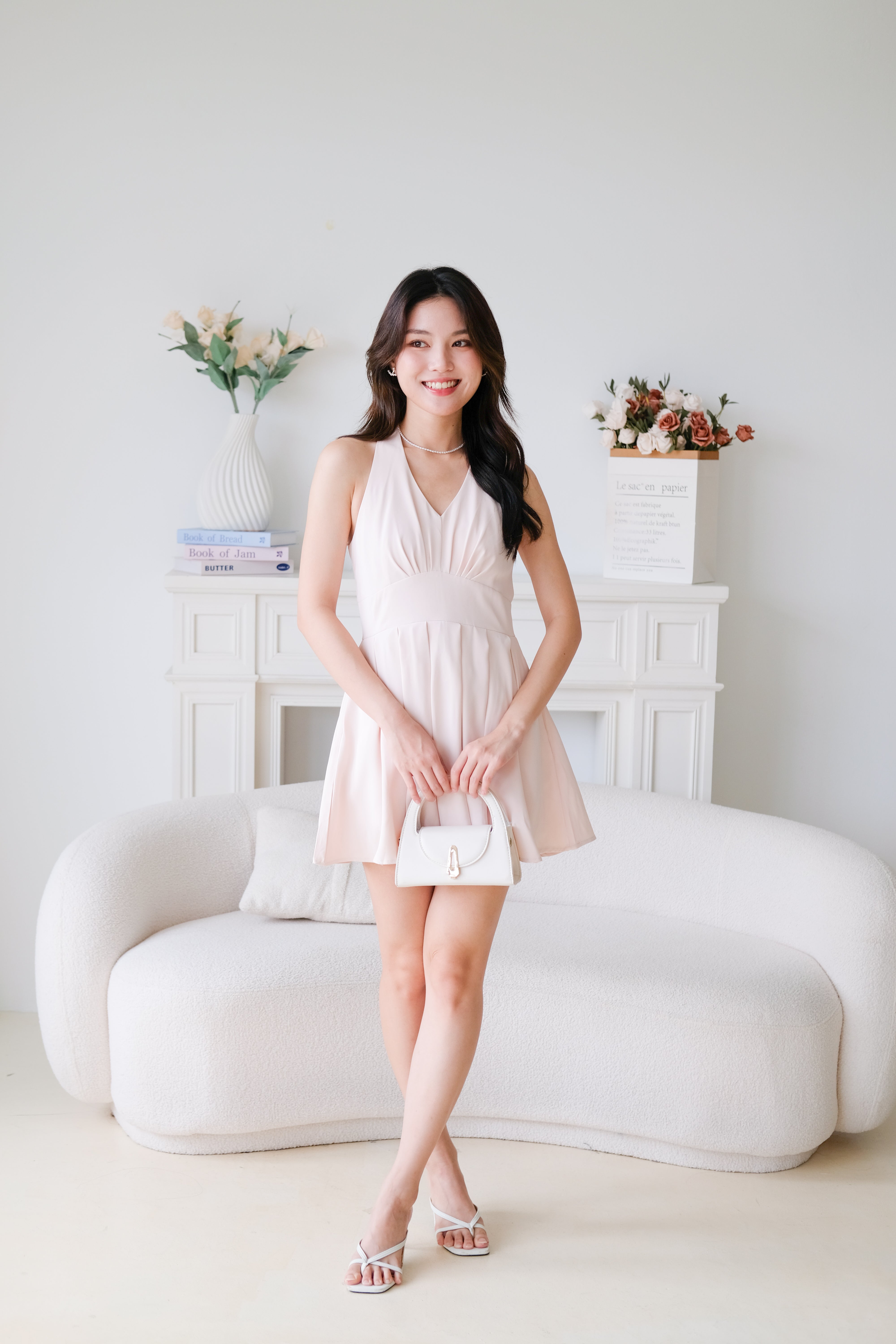 Moon Halter Pleat Dress (Baby Pink)