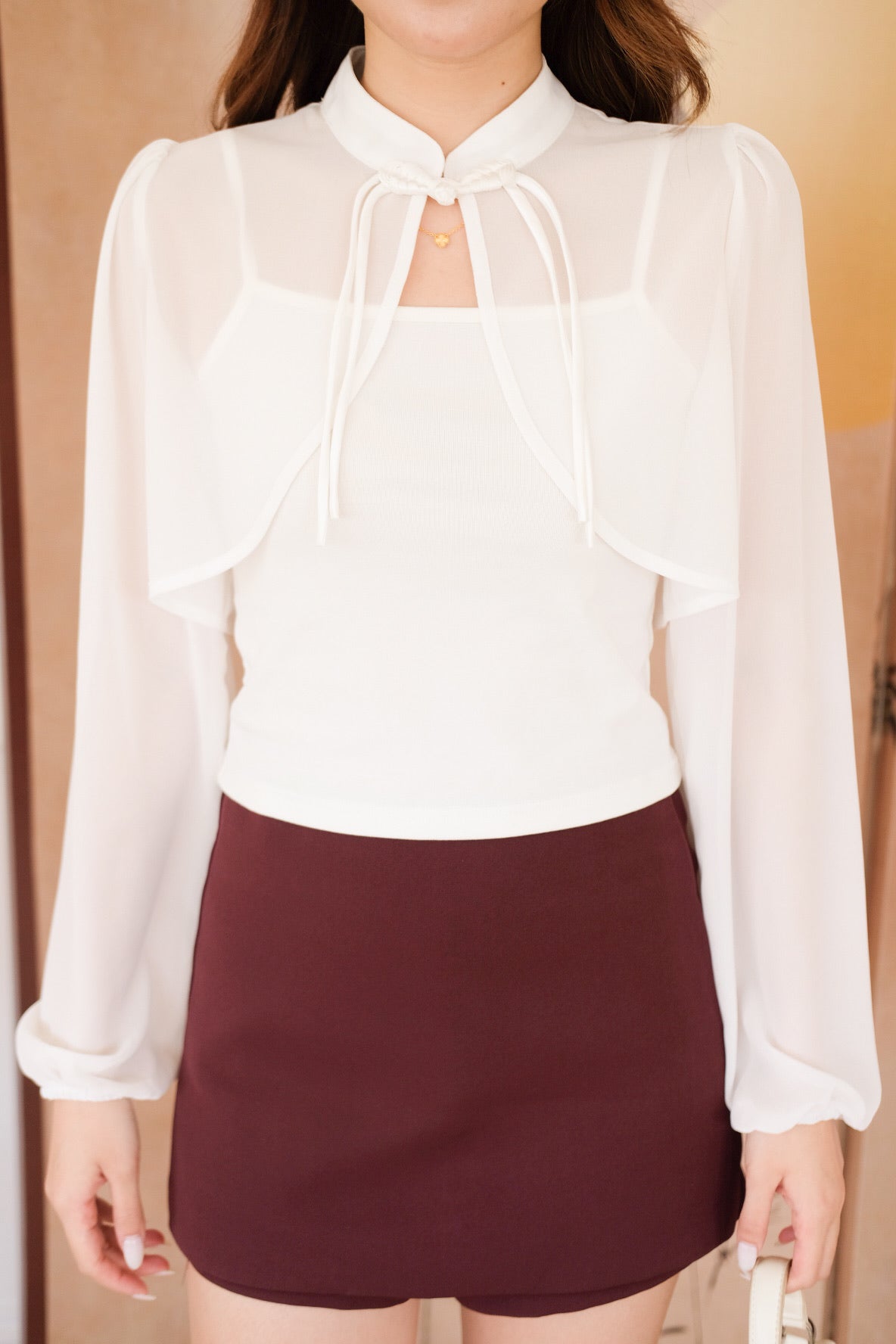 清 Qing 2 in 1 Long Sleeves Cheongsam Top (White)