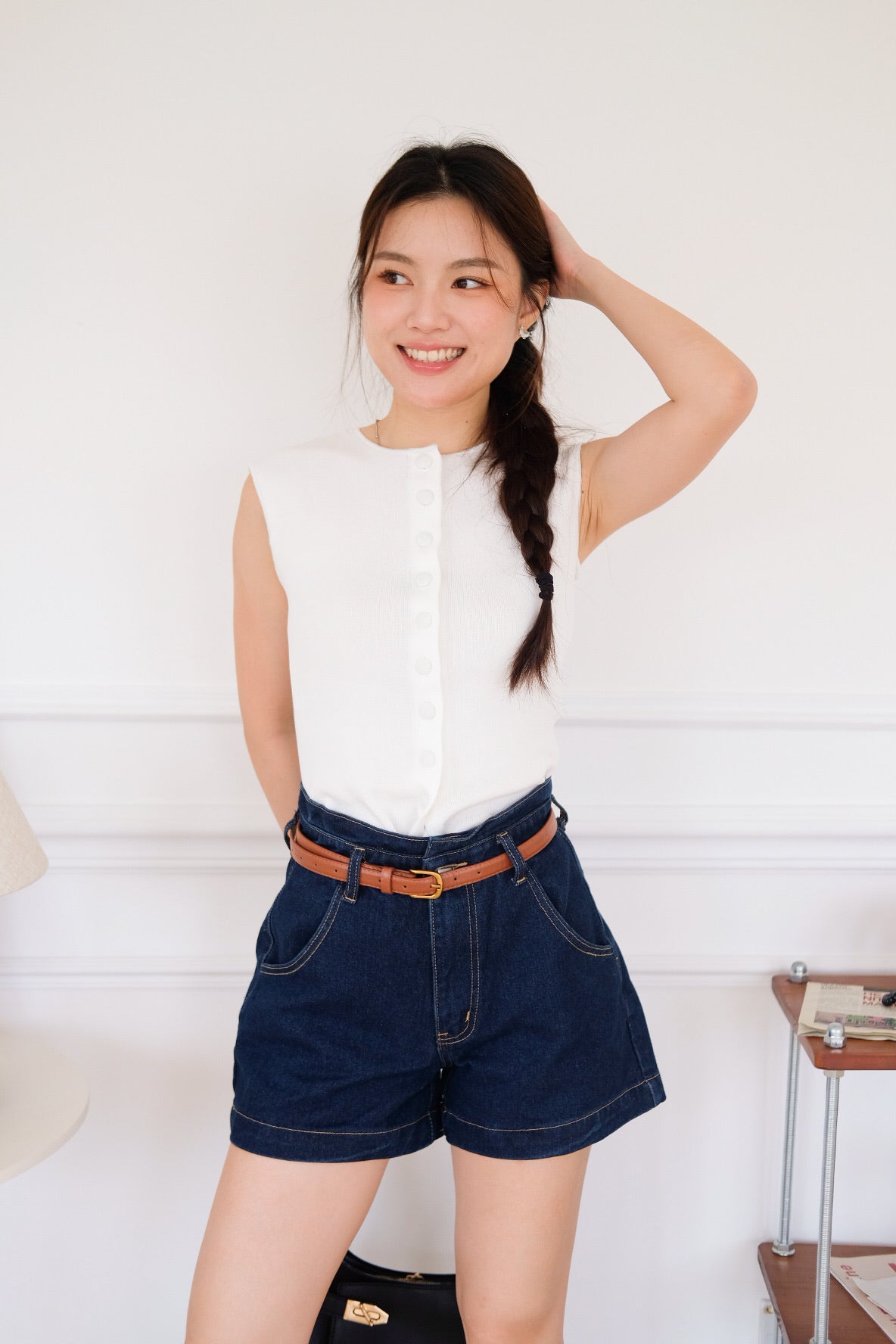 Hudson Belted High Waist Denim Shorts (Dark Blue)