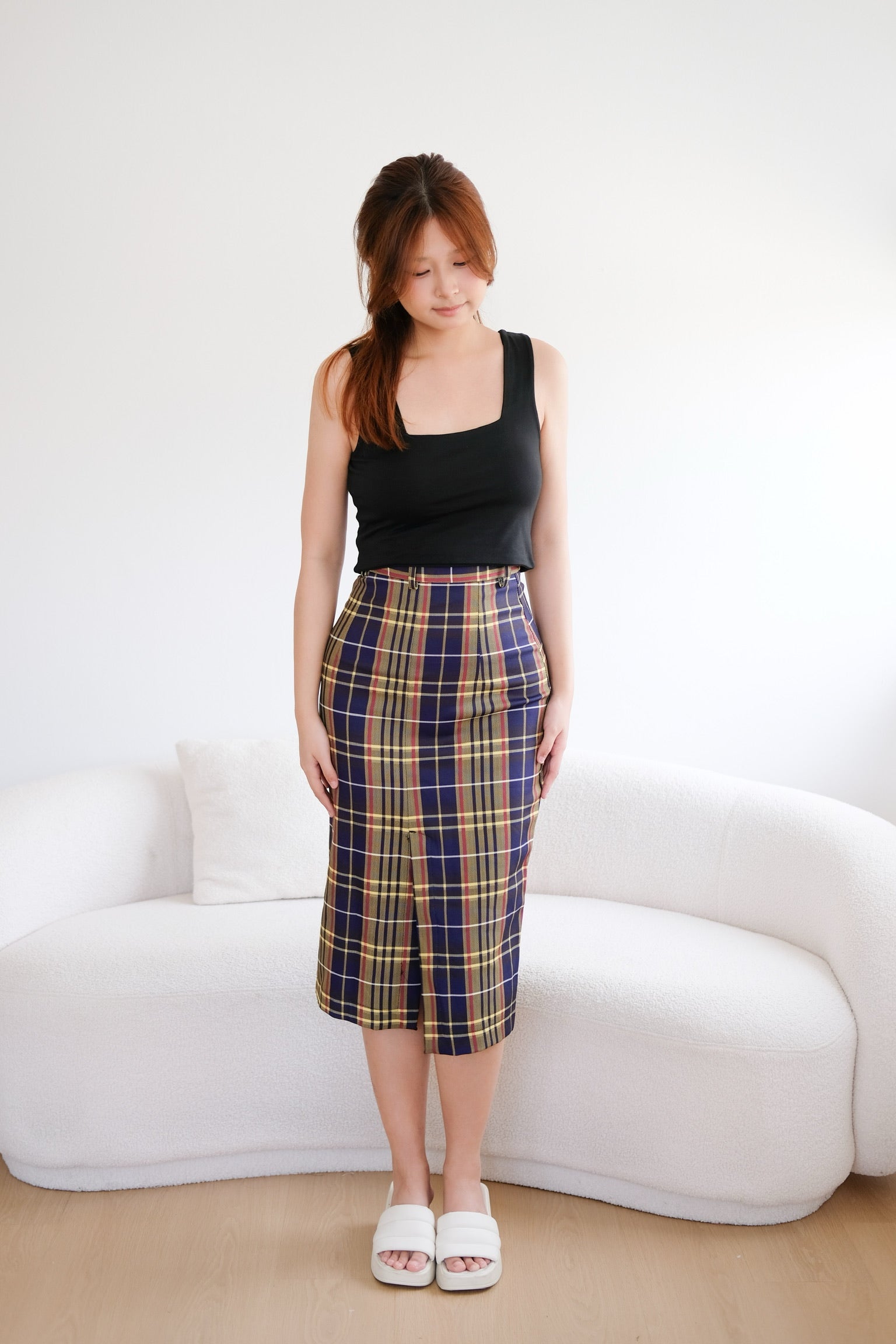 Navy Blue Grid High Waisted Midi Skirt